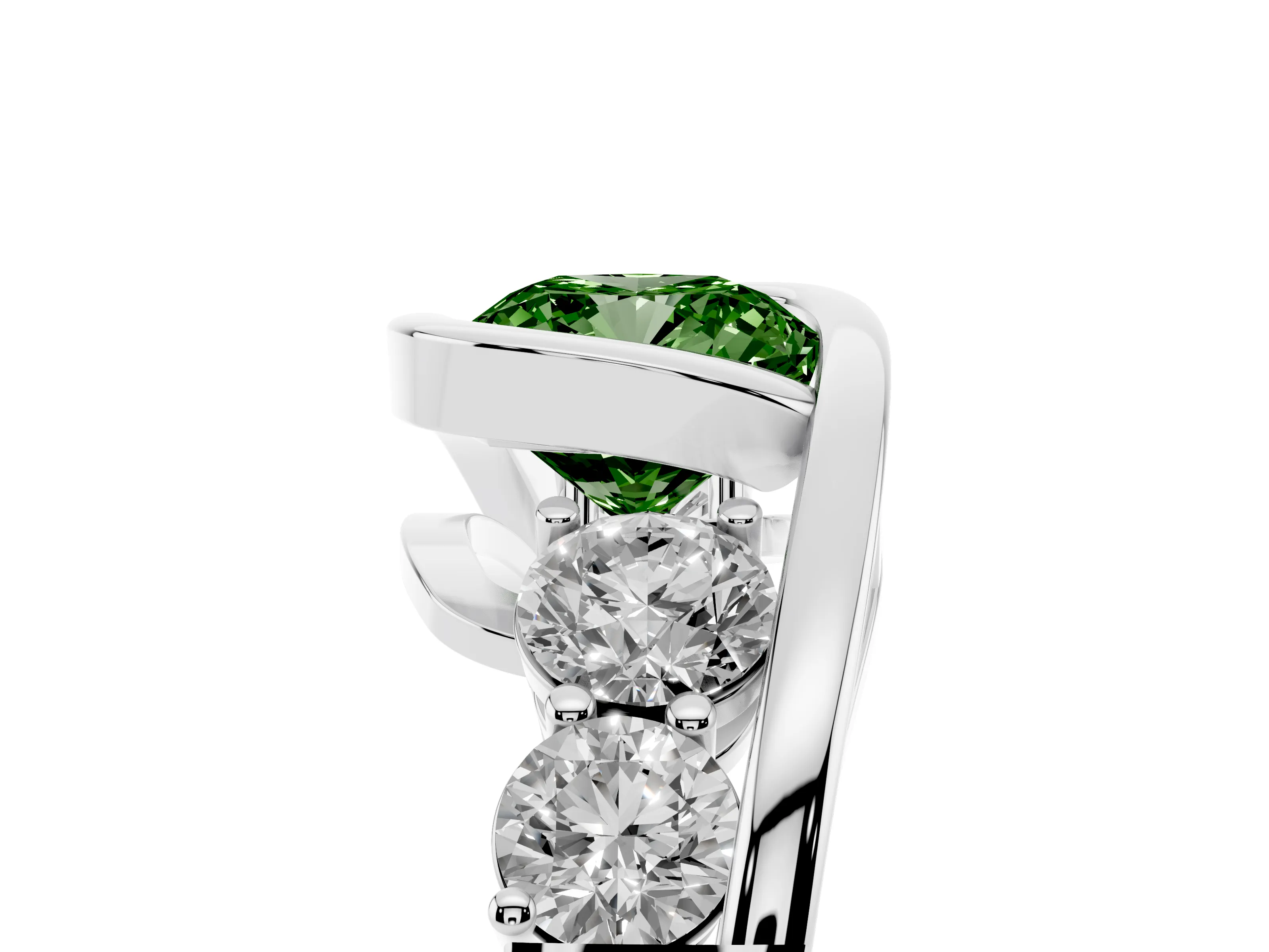 Fancy Green Cushion Cut Diamond Bezel Bypass Ring Set in Silver with Round Accents