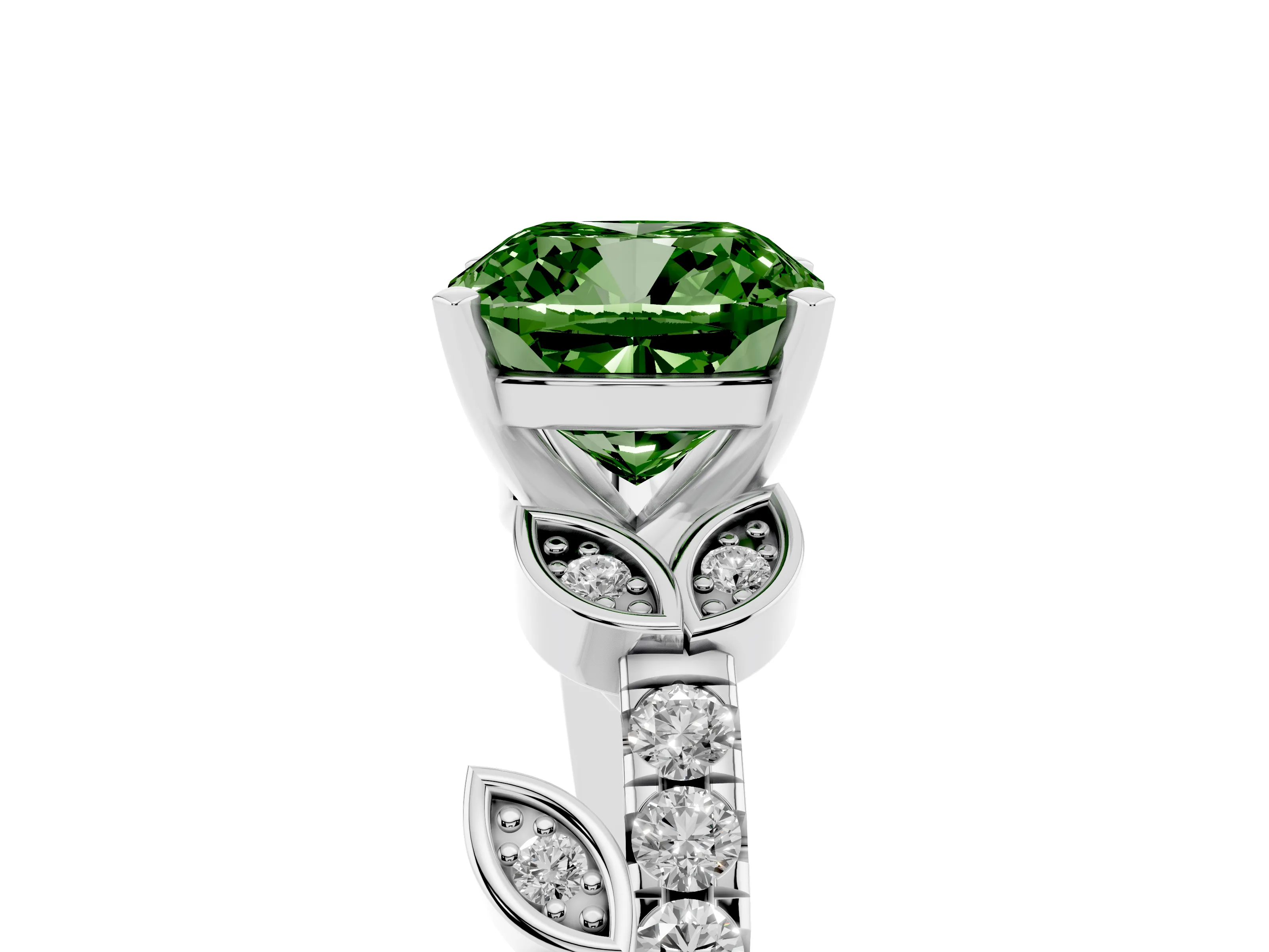 Fancy Green Cushion Cut Diamond Solitaire Leaf-Inspired Ring Set in Platinum with Pavé Band and Prong Setting