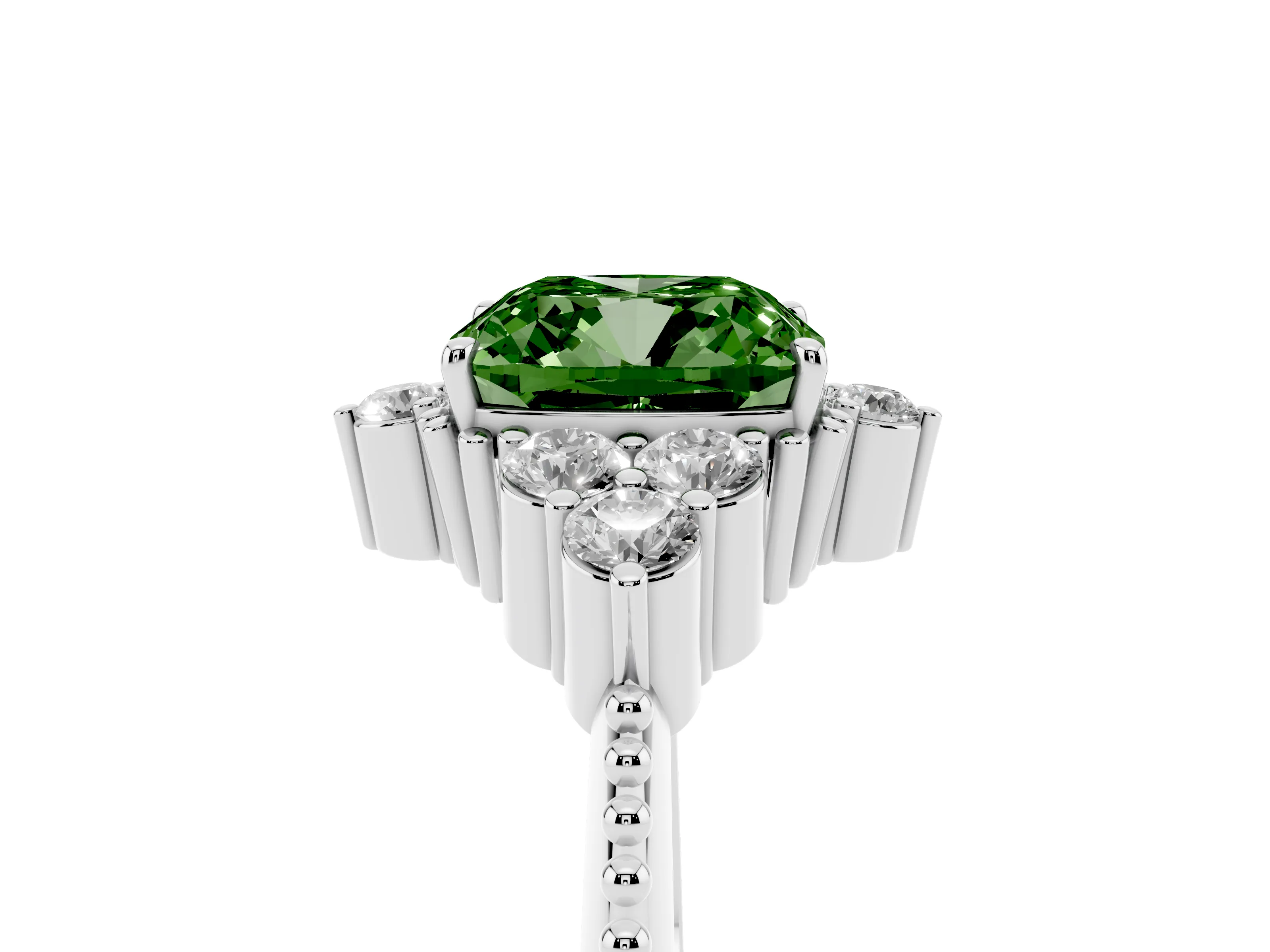 Fancy Green Cushion Cut Diamond Cluster Ring Set in Silver with Beaded Band
