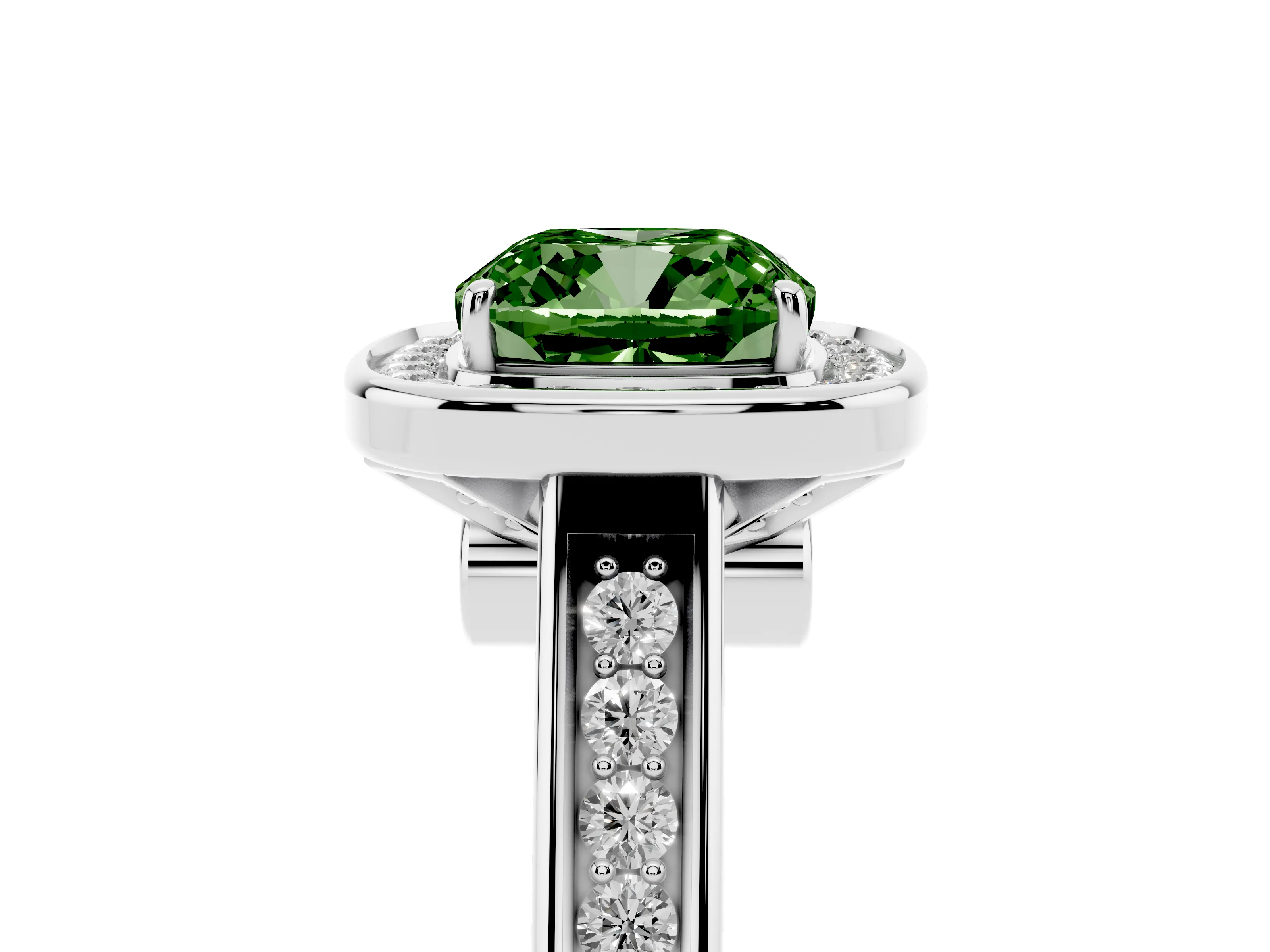 Fancy Green Cushion Cut Diamond Halo Solitaire Ring Set in Silver with Pavé Band and Bezel Setting
