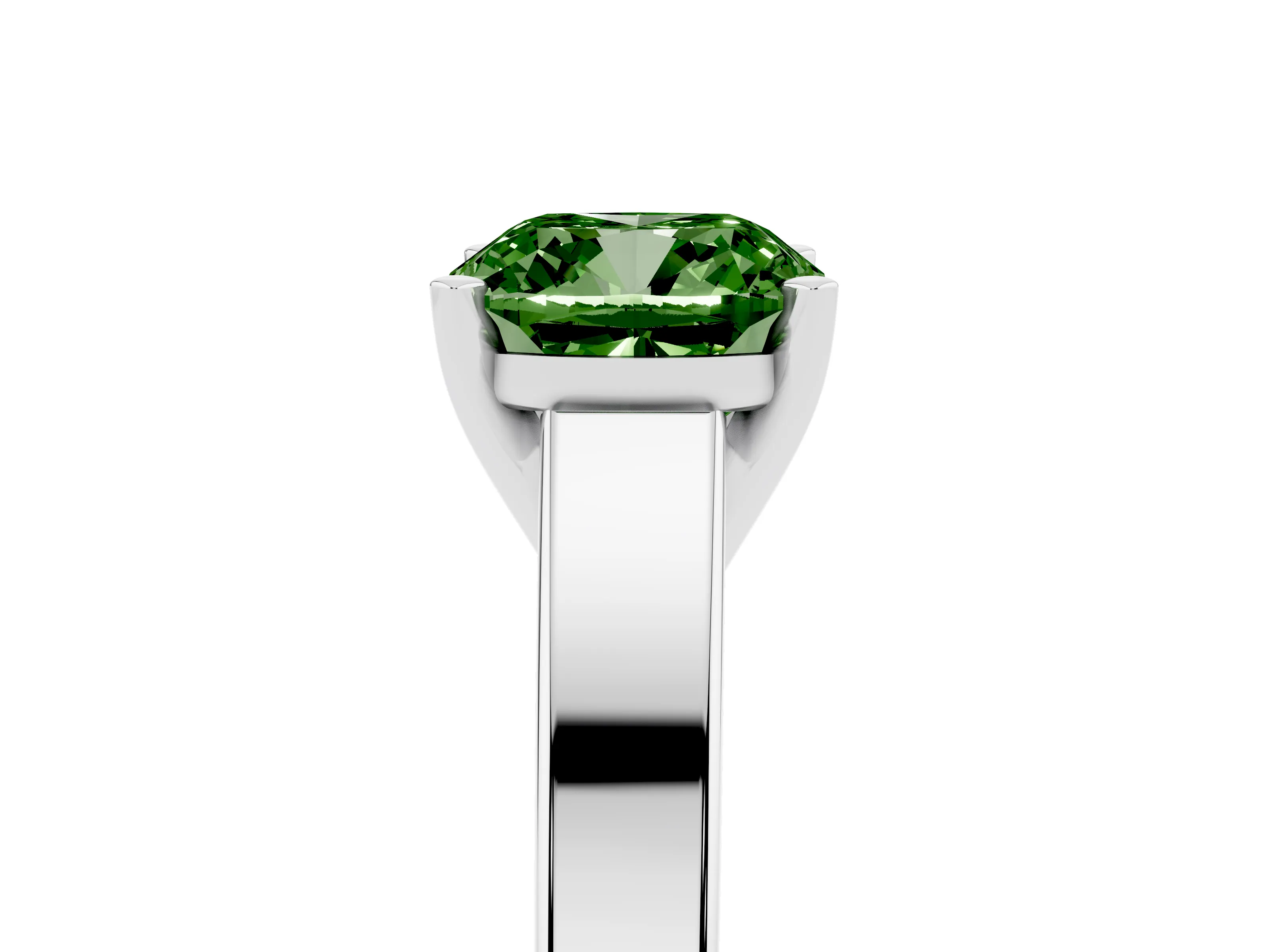 Fancy Green Cushion Cut Diamond Solitaire Engagement Ring Set in White gold with Prong Setting and Tapered Band
