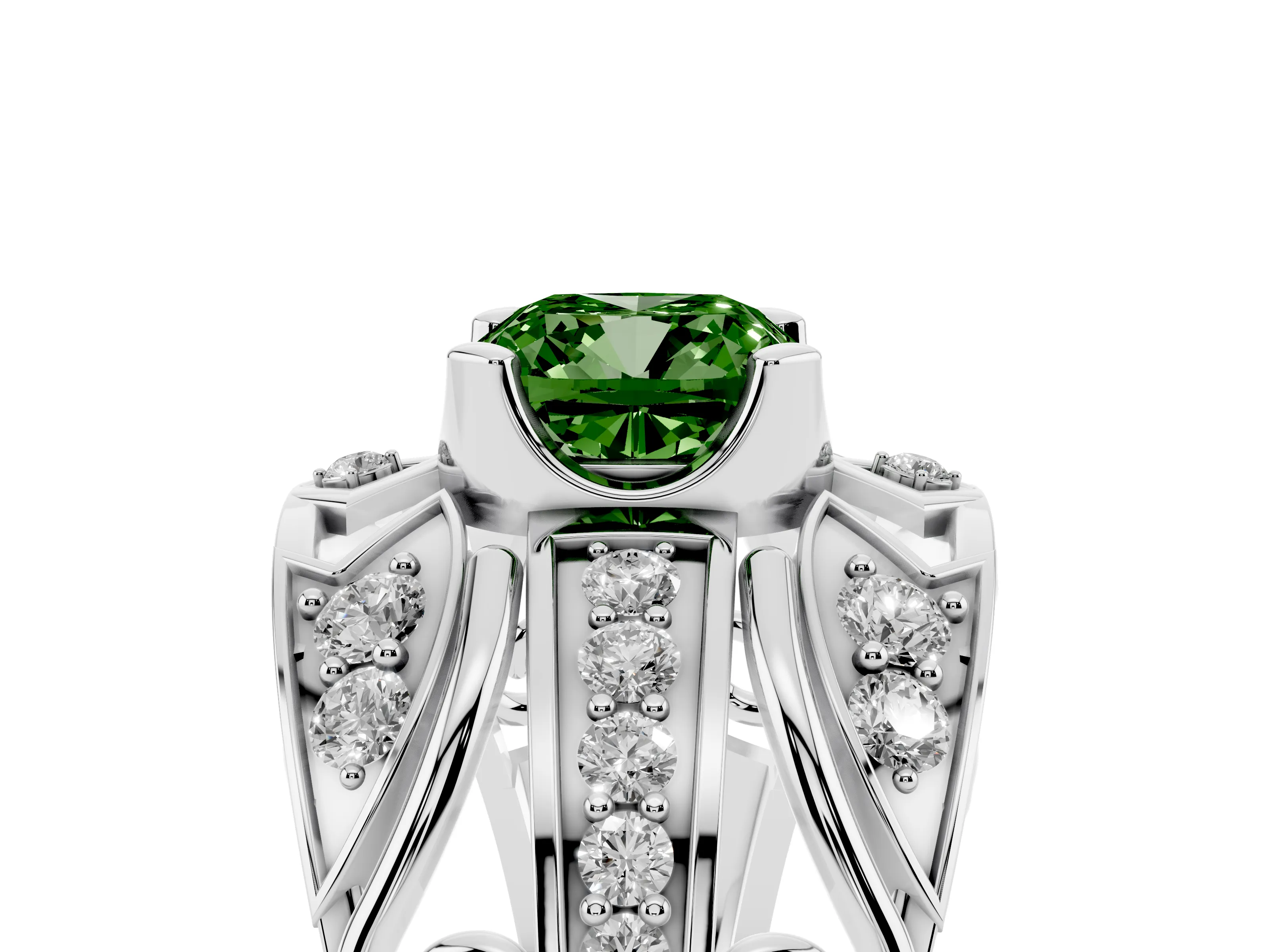 Fancy Green Cushion Cut Diamond Art Deco Ring Set in Platinum with Pavé Split Shank