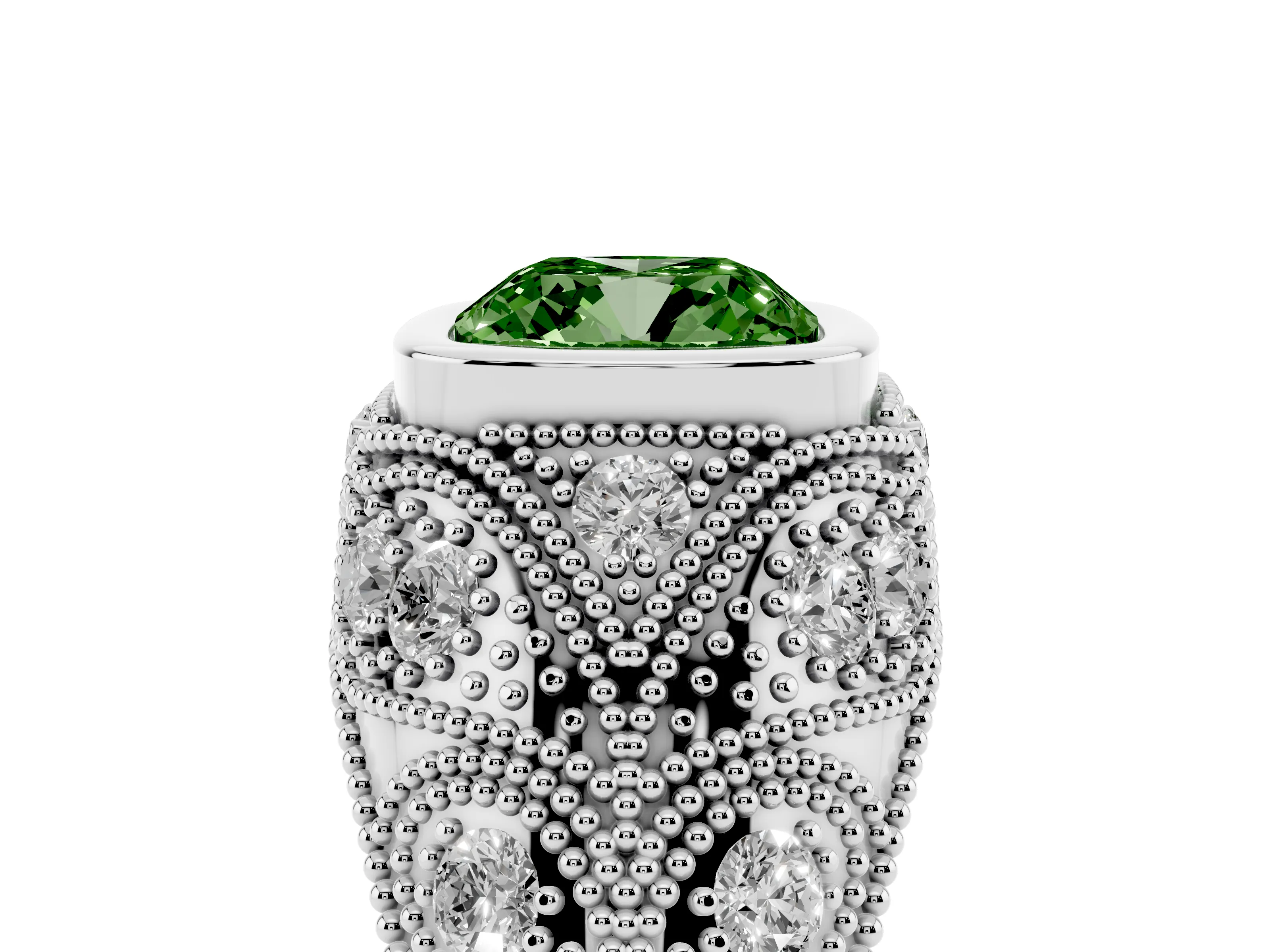 Fancy Green Cushion Cut Diamond Bezel Ring Set in Silver with Milgrain Accent Band