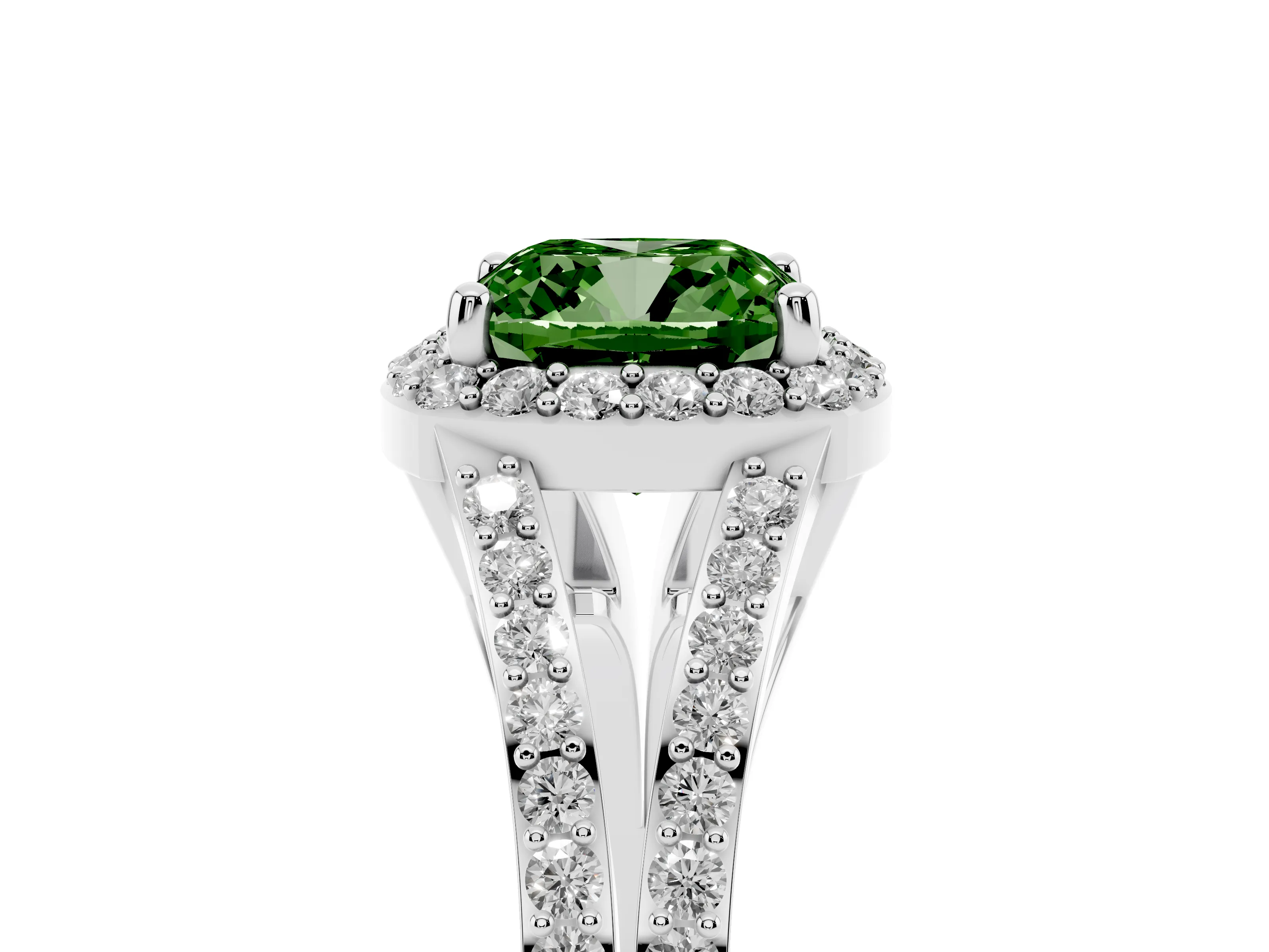 Fancy Green Cushion Cut Diamond Halo Split Shank Ring Set in White gold with Accent Stones and Prong Setting