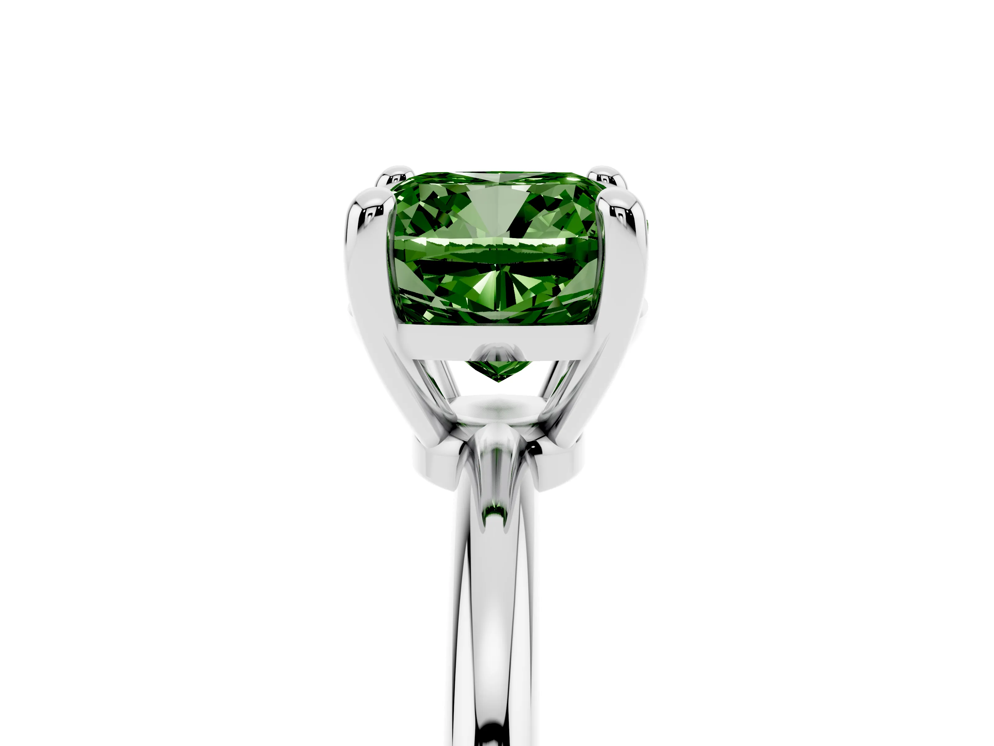Fancy Green Cushion Cut Diamond Solitaire Ring Set in Platinum with Secure Prong Setting on a Classic Band