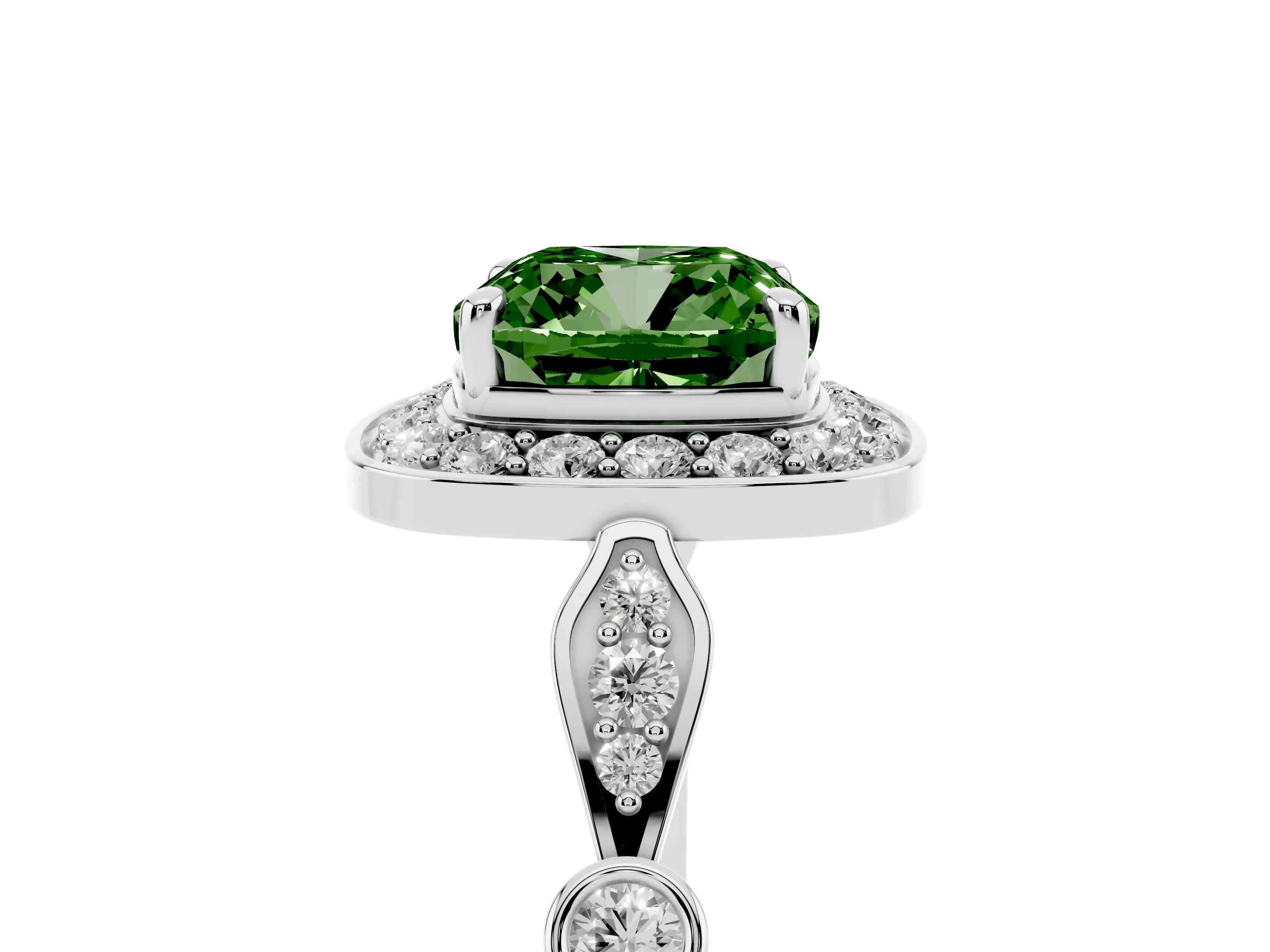 Fancy Green Cushion Cut Diamond Halo Engagement Ring Set in Silver with Twisted Band and Prong Setting