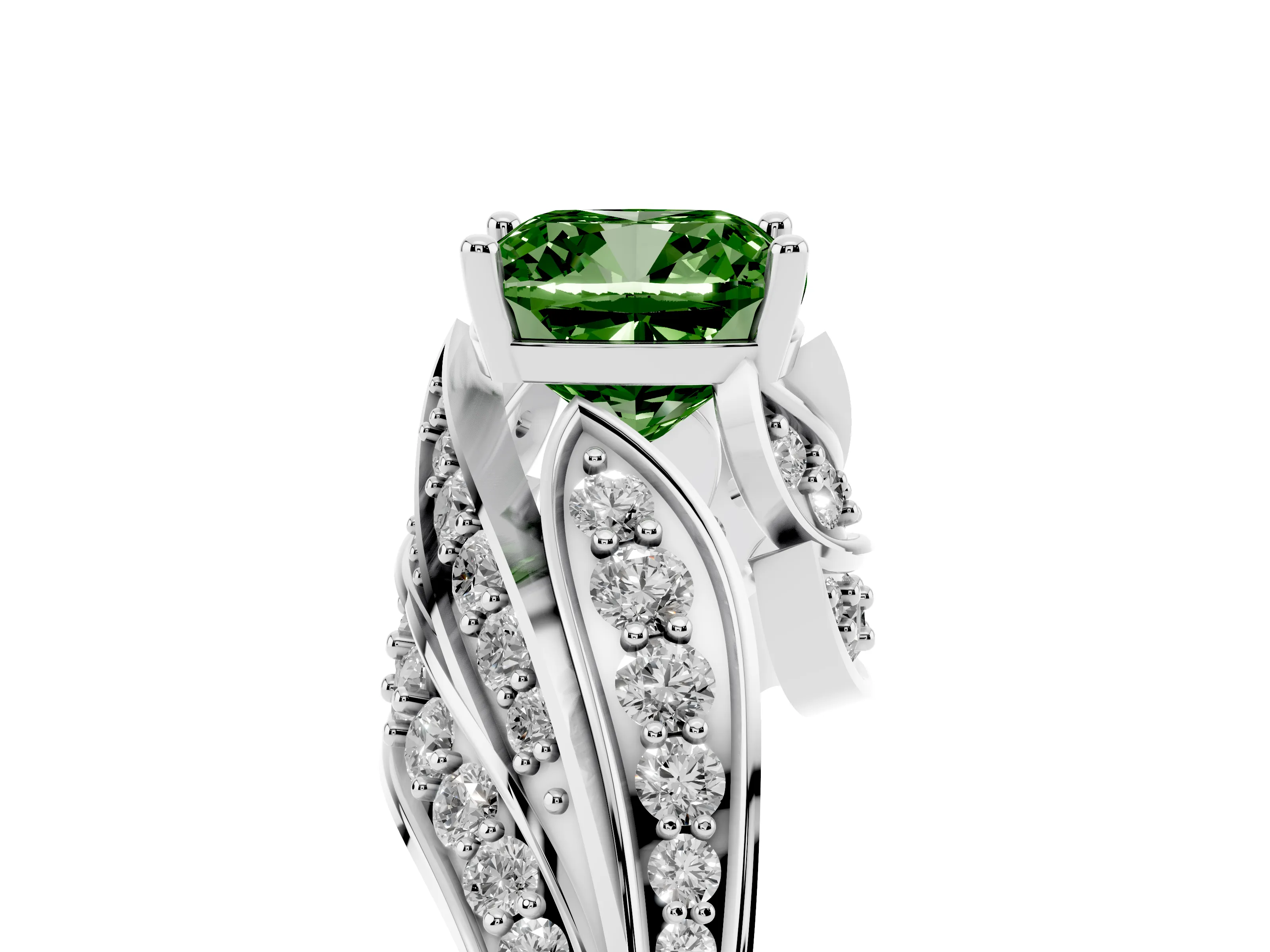 Fancy Green Cushion Cut Diamond Solitaire Ring Set in Silver with Layered Twist Pavé Band
