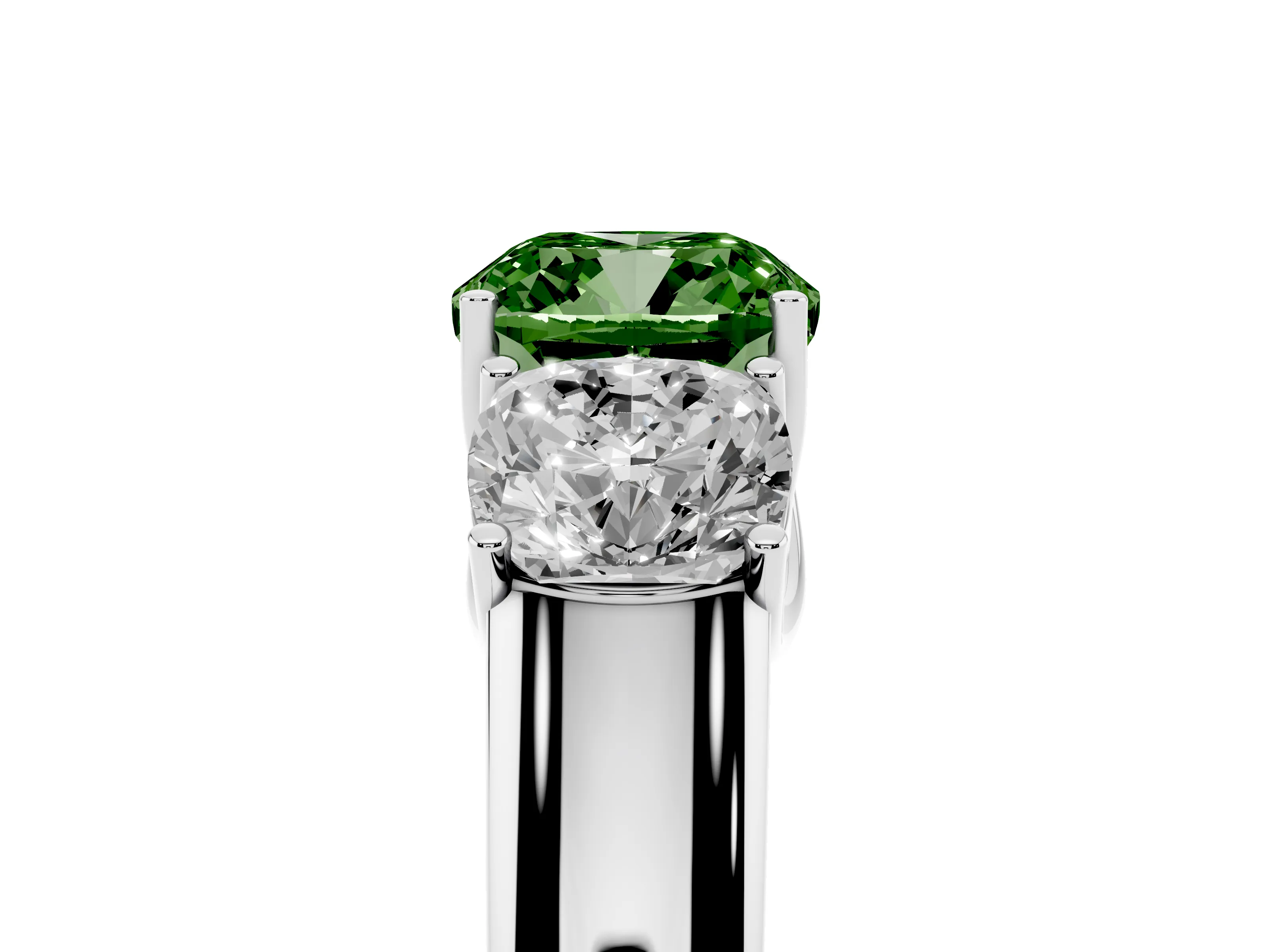 Fancy Green Three-Stone Cushion Cut Diamond Ring Set in Platinum with Matching Prong Settings and Plain Band