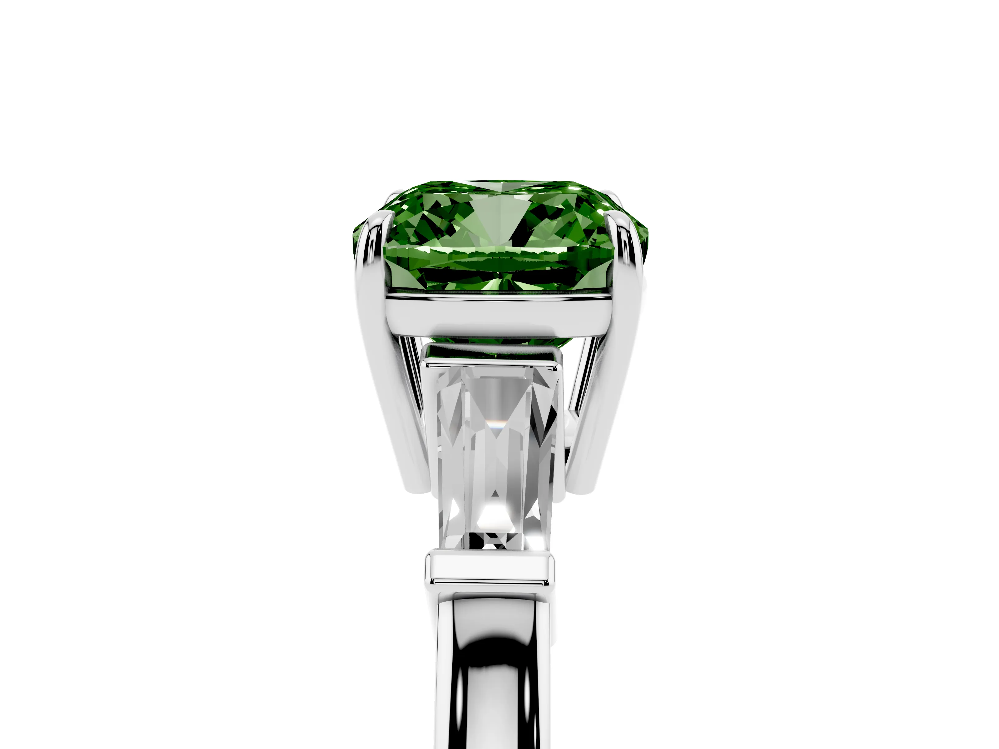 Fancy Green Cushion Cut Diamond Three-Stone Ring Set in Platinum with Tapered Baguette Side Stones and Prong Setting