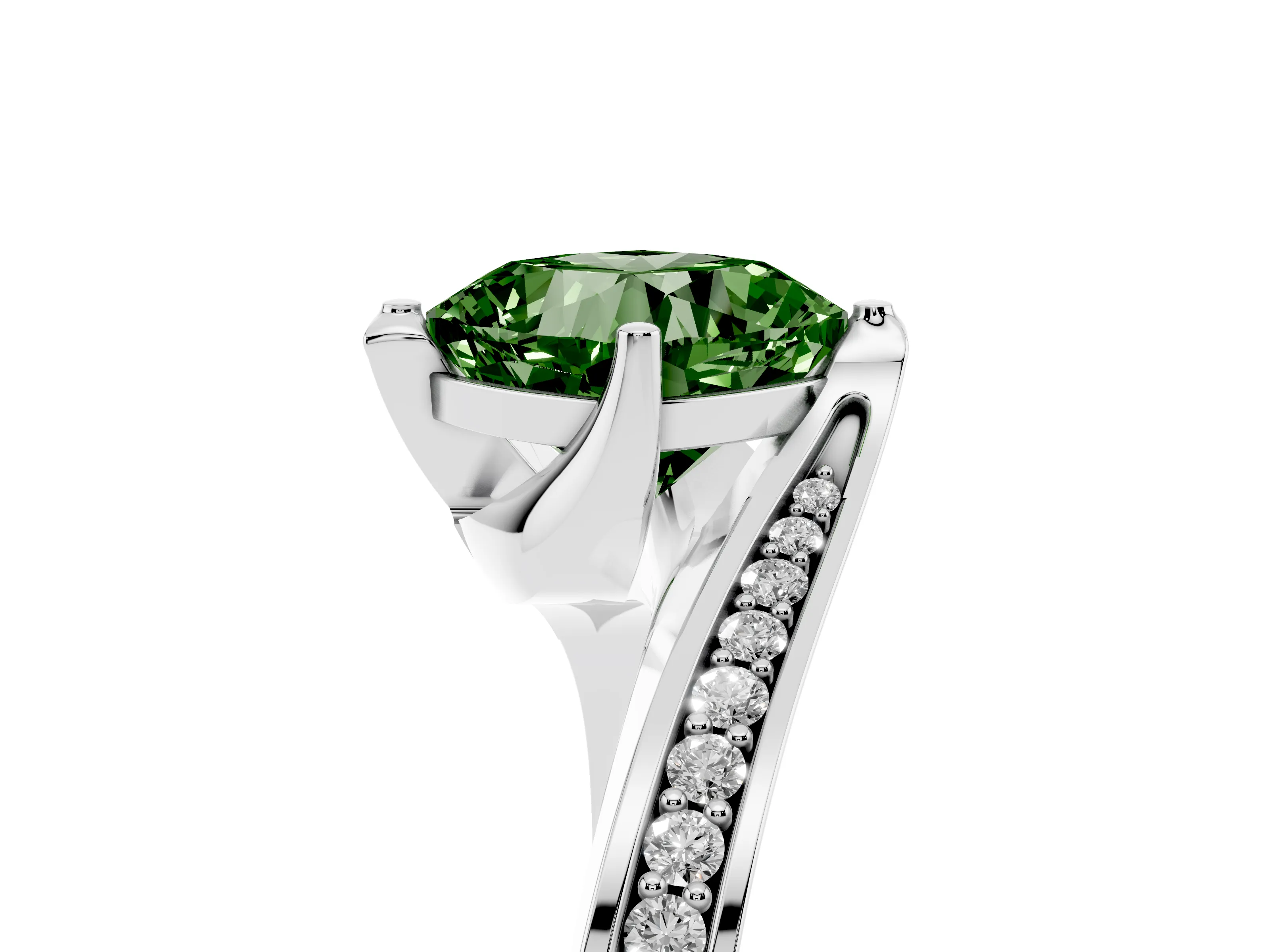 Fancy Green Cushion Cut Diamond Solitaire Ring Set in Platinum with Intertwined Pavé Twist Band