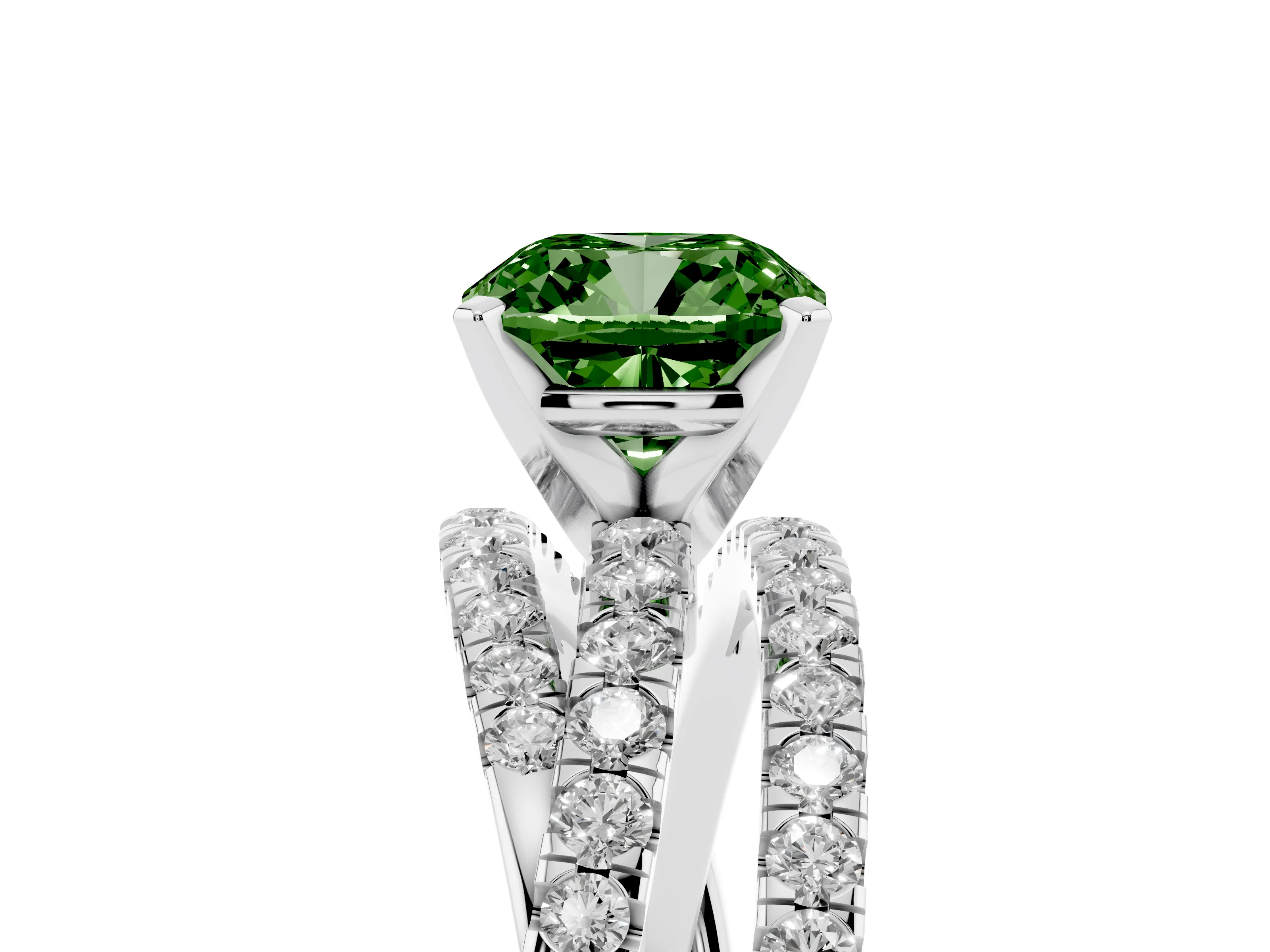 Fancy Green Cushion Cut Diamond Solitaire Twist Band Ring Set in White gold with Pavé Setting and Prong Head