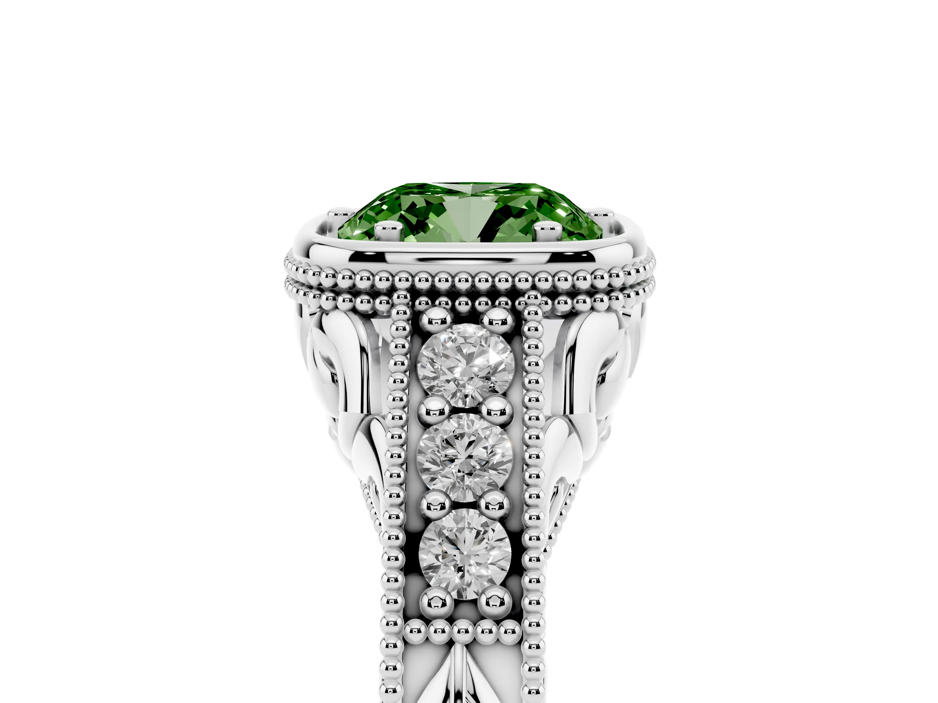 Fancy Green Bezel Set Cushion Cut Diamond Milgrain Pavé Engagement Ring Set in Silver