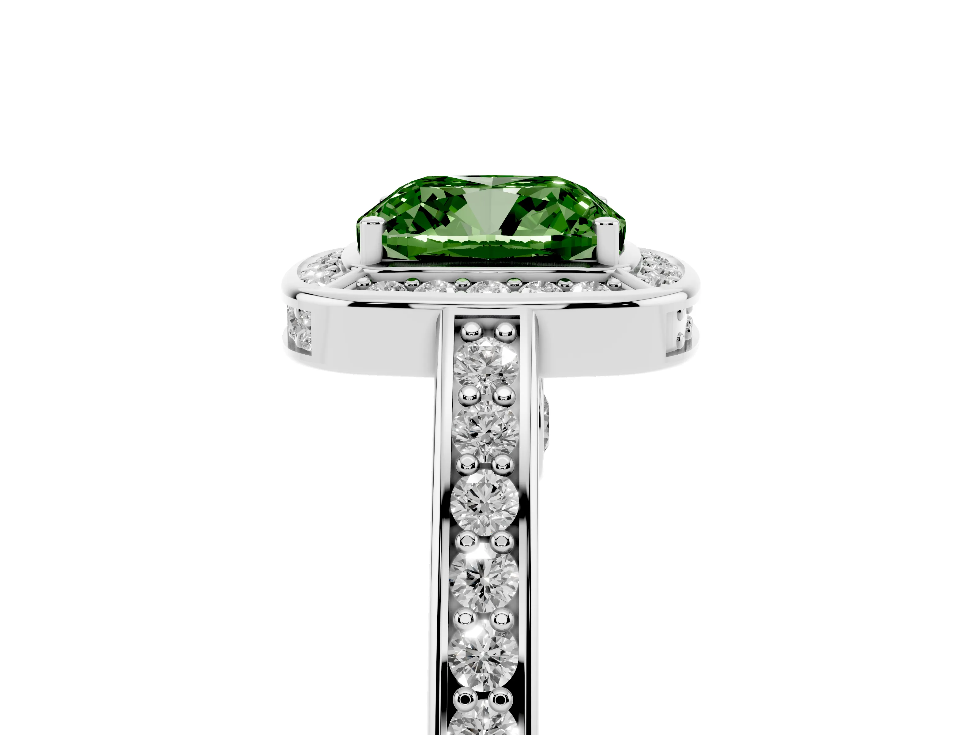 Fancy Green Cushion Cut Diamond Halo Pavé Split Shank Ring Set in White gold with Prong Setting