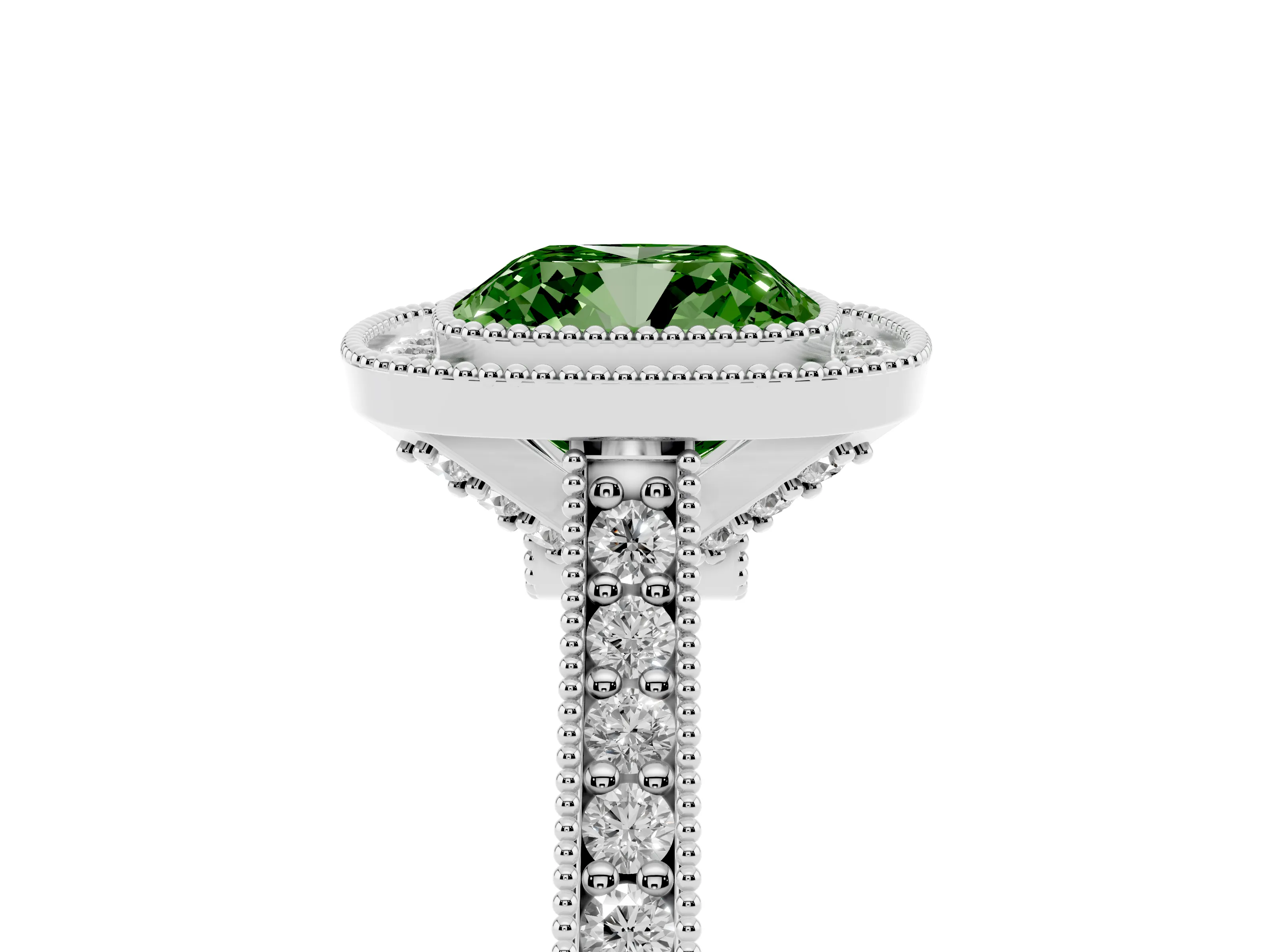 Fancy Green Cushion Cut Diamond Halo Milgrain Pavé Band Ring Set in Platinum with Prong Setting