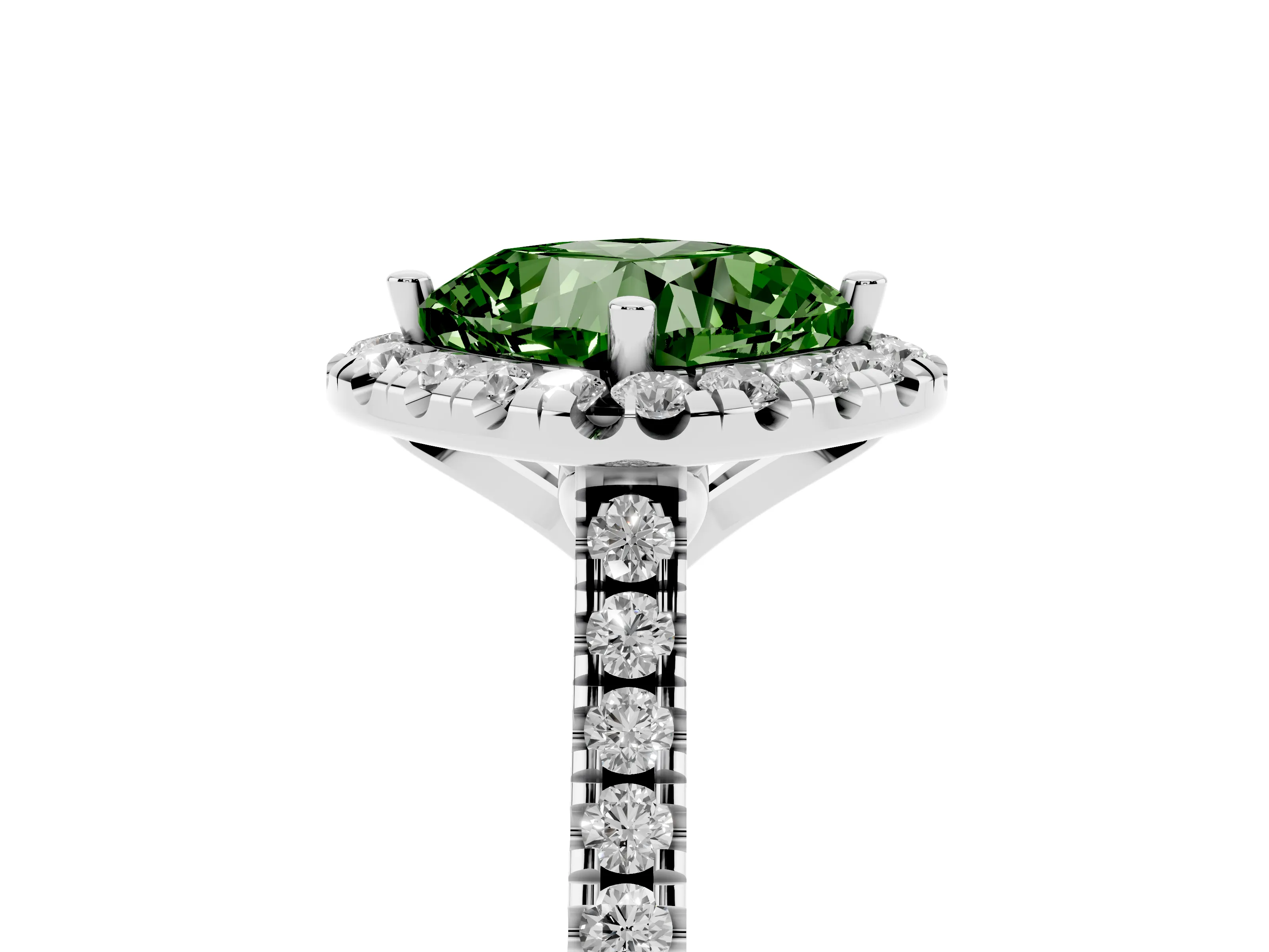 Fancy Green Cushion Cut Diamond Cushion Halo Ring Set in Silver with Pavé Band