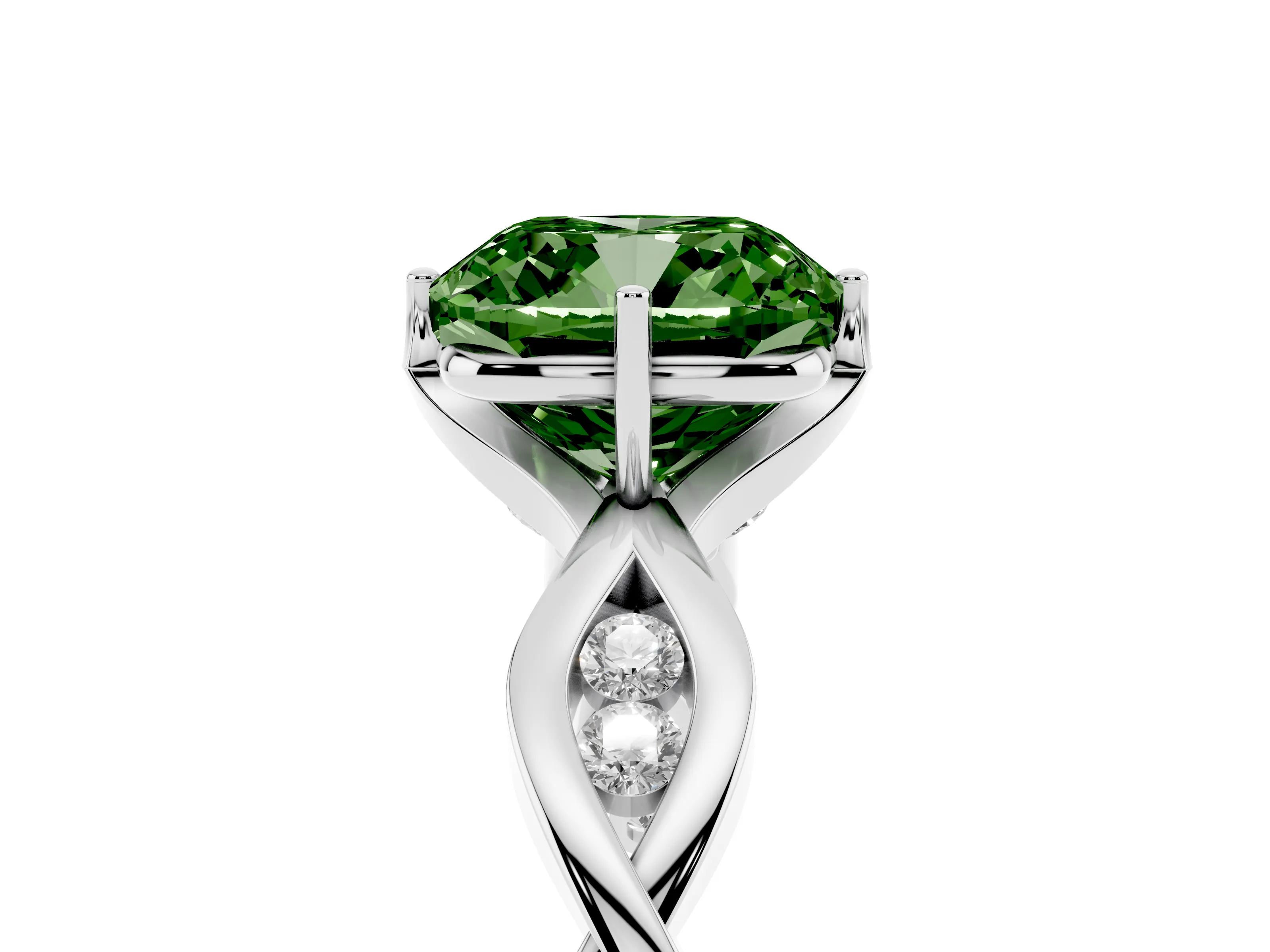 Fancy Green Cushion Cut Diamond Twist Band Solitaire Ring Set in Silver with Leaf Prong Setting and Accent Stones