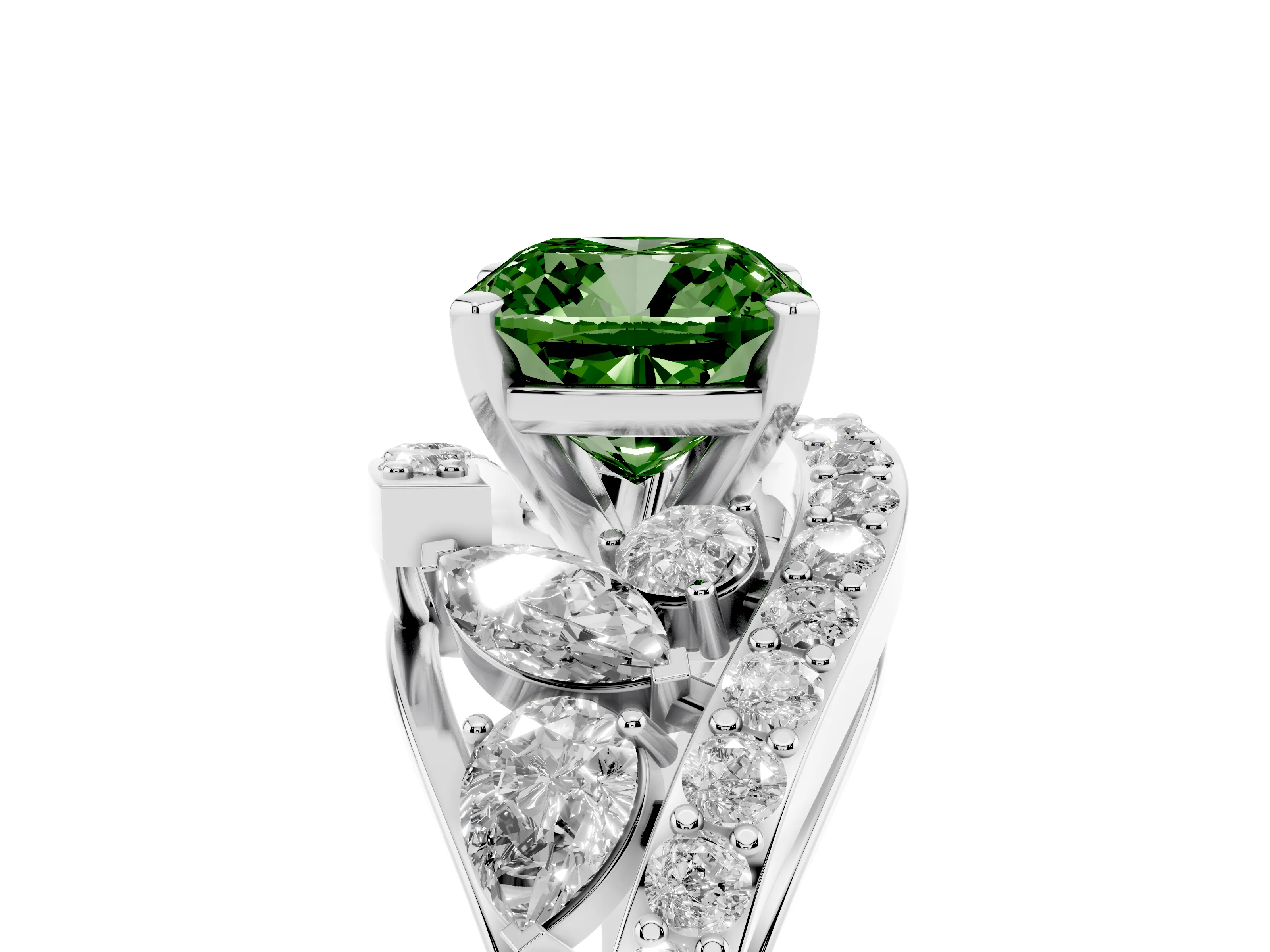 Fancy Green Cushion Cut Diamond Halo Ring Set in Silver with Marquise and Pavé Band in Prong Setting