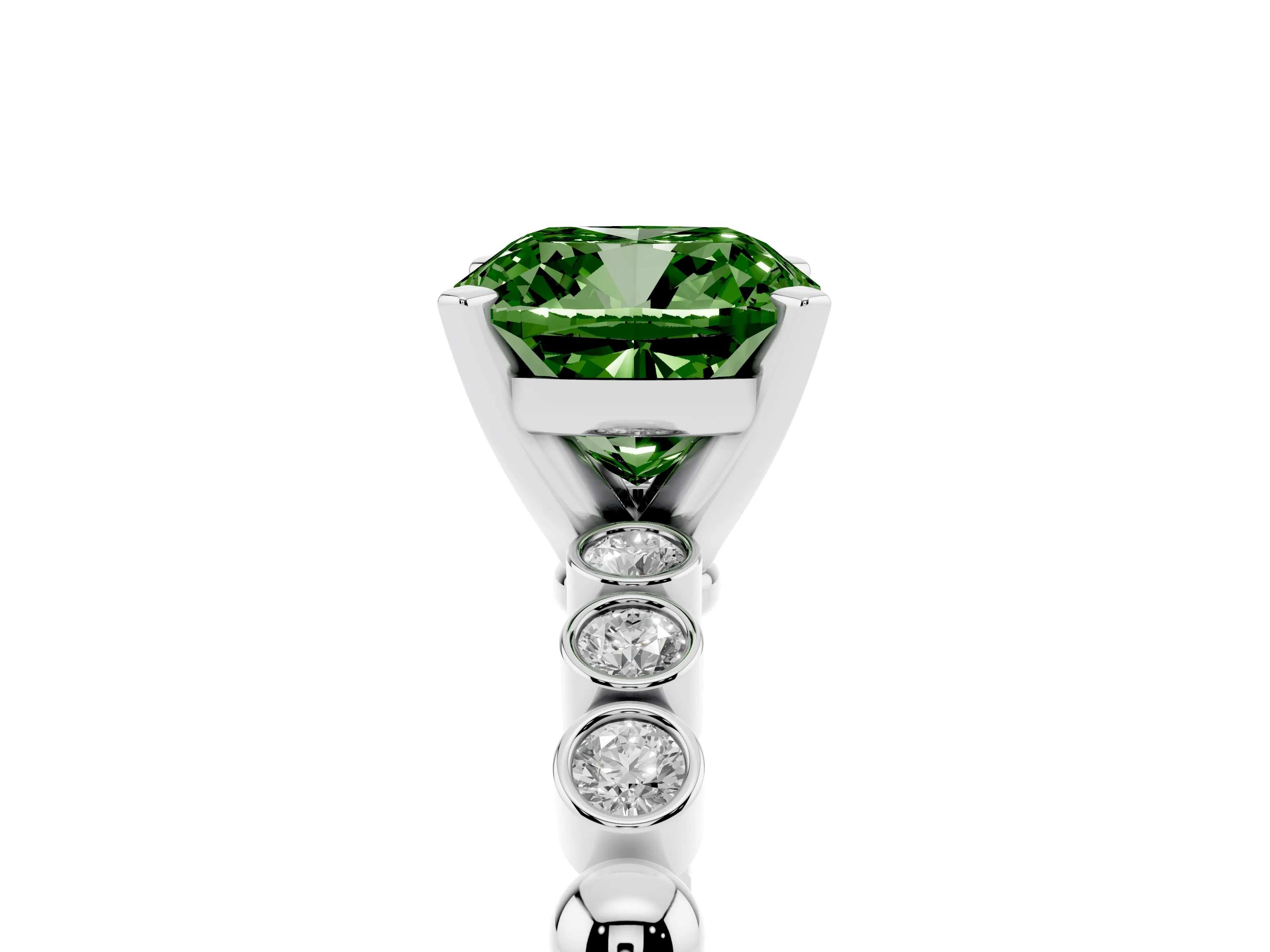 Fancy Green Cushion Cut Diamond Solitaire Engagement Ring Set in Platinum with Bezel Accents on Beaded Band