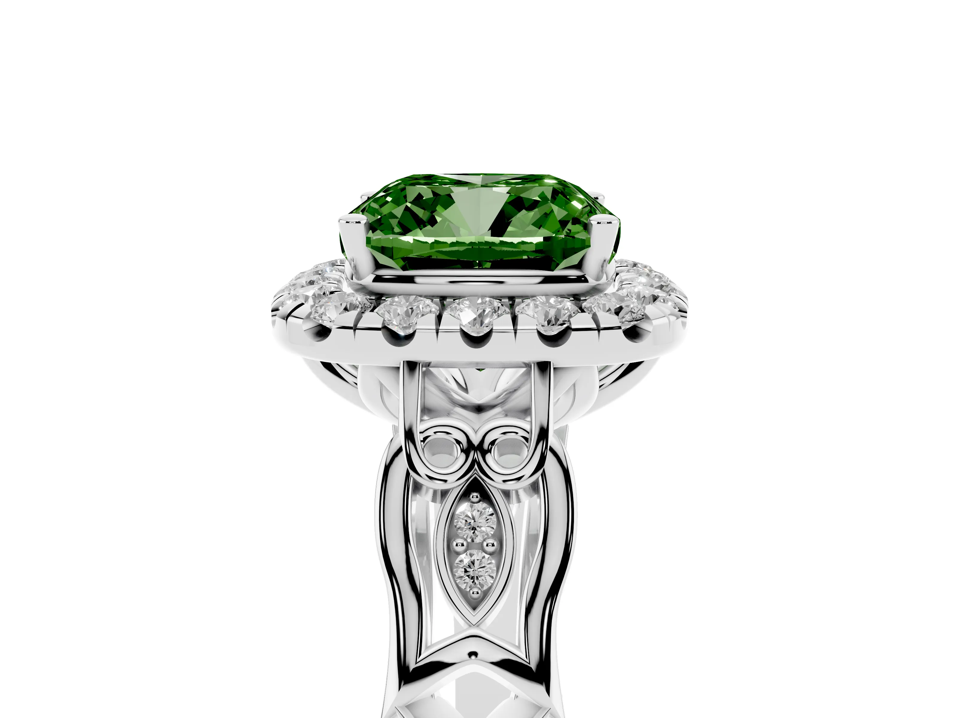 Fancy Green Cushion Cut Diamond Halo Engagement Ring Set in White gold with Filigree Band and Prong-Set Center