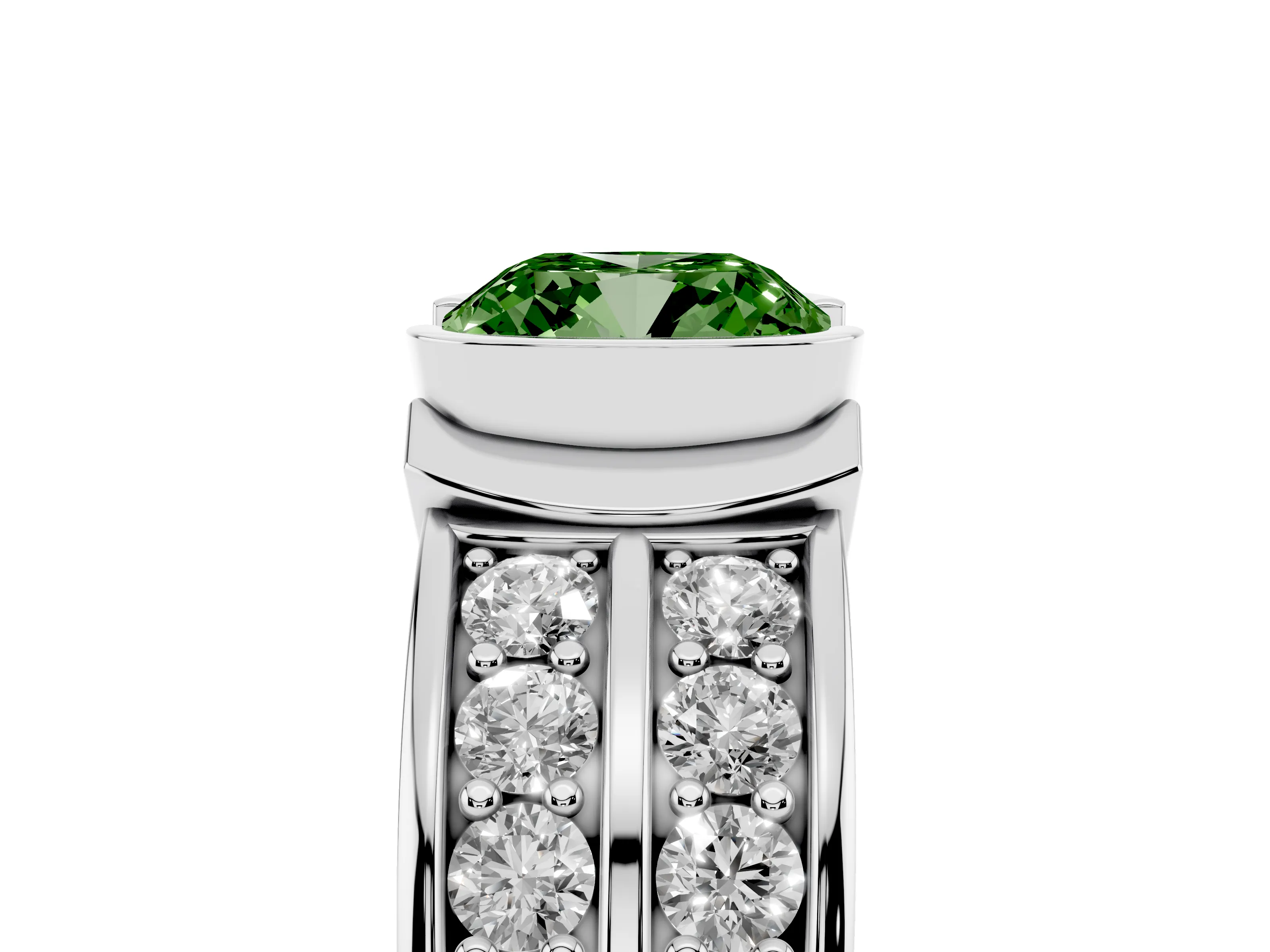 Fancy Green Cushion Cut Diamond Wide Channel Set Band Ring Set in Silver with Bezel Setting