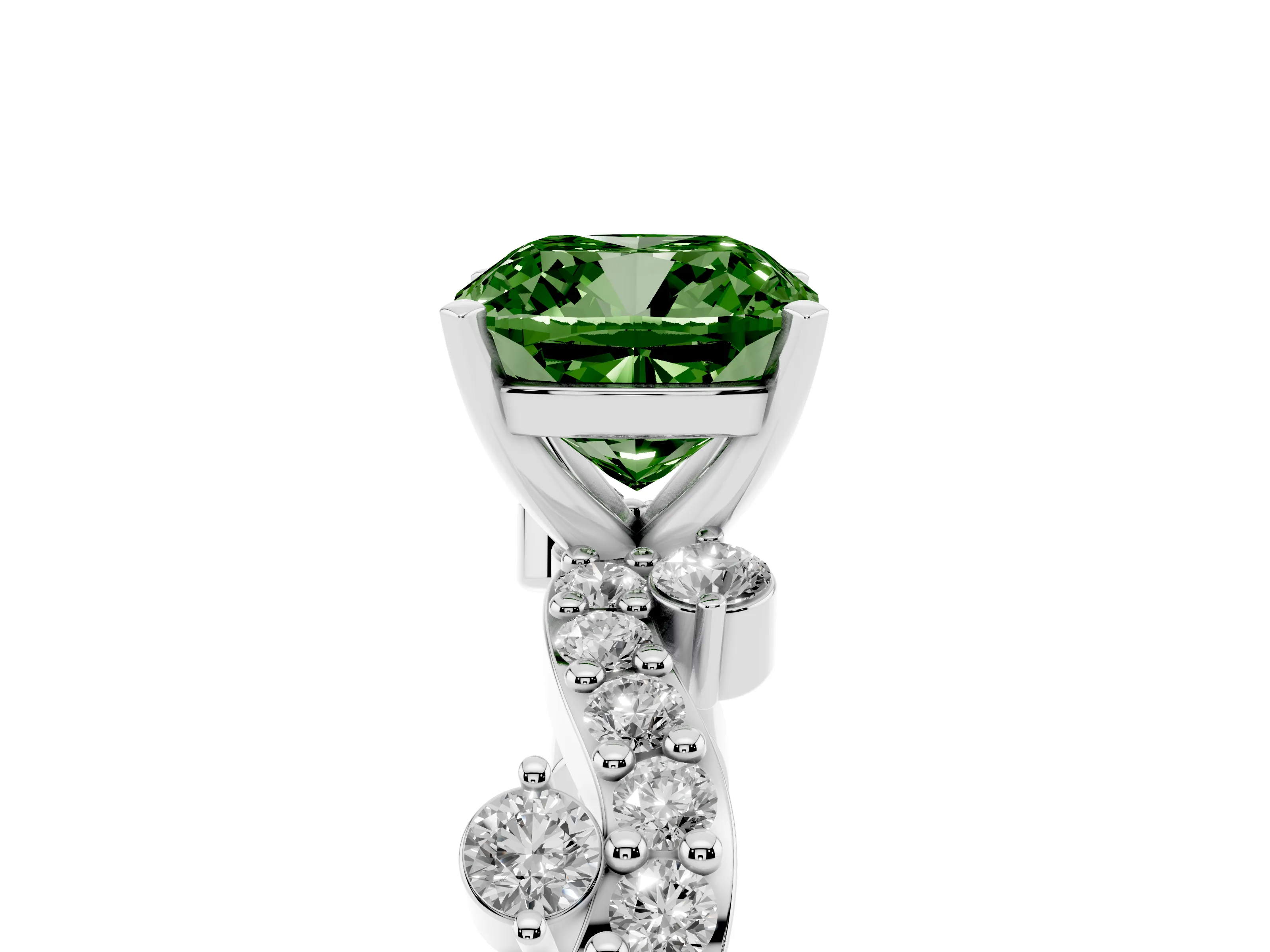 Fancy Green Cushion Cut Diamond Solitaire Twisted Band Set in White gold with Pavé Setting