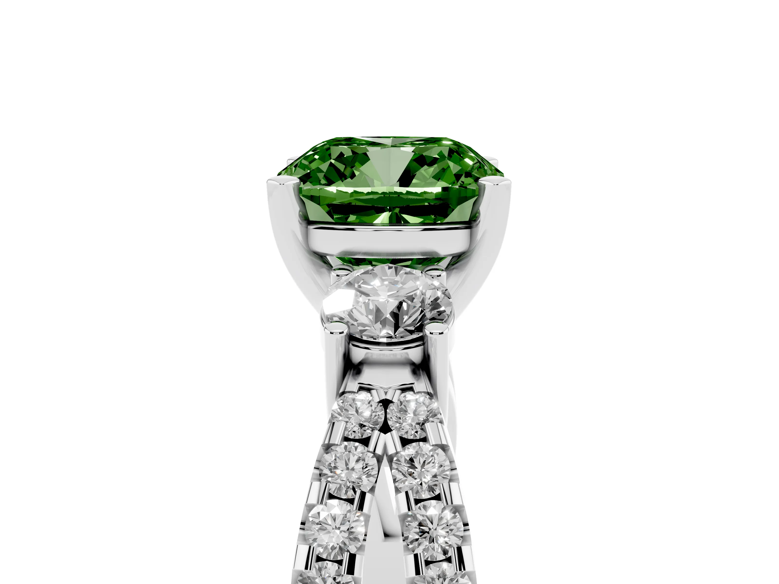 Fancy Green Cushion Cut Diamond Three-Stone Ring Set in Platinum with Pavé Split Shank and Prong Setting