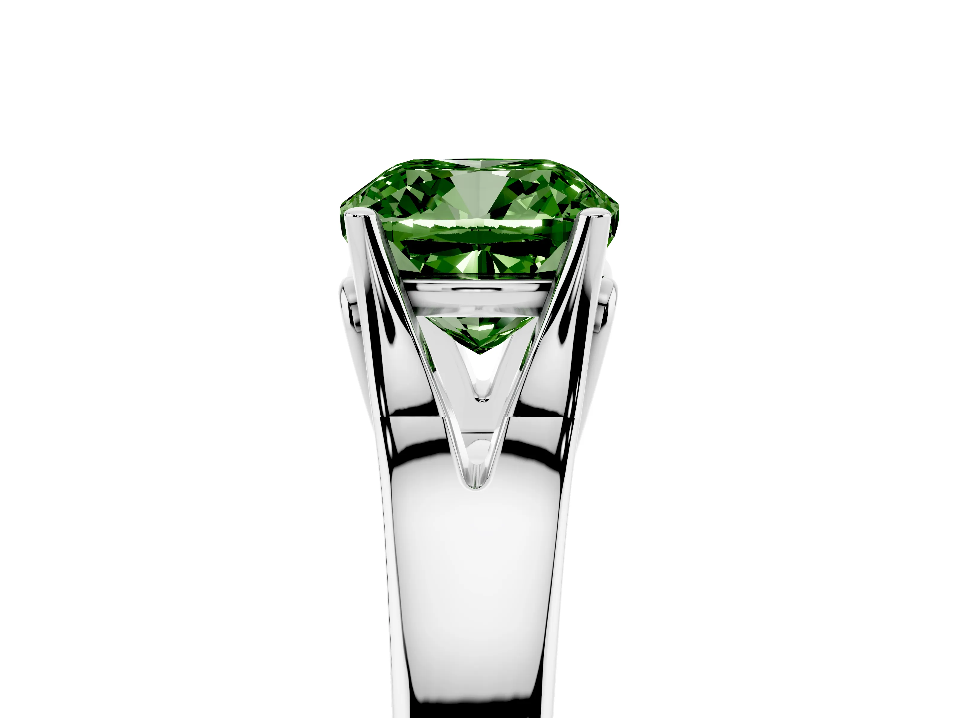Fancy Green Cushion Cut Diamond Solitaire Ring Set in White gold with Arched Cathedral Band and Prong Setting