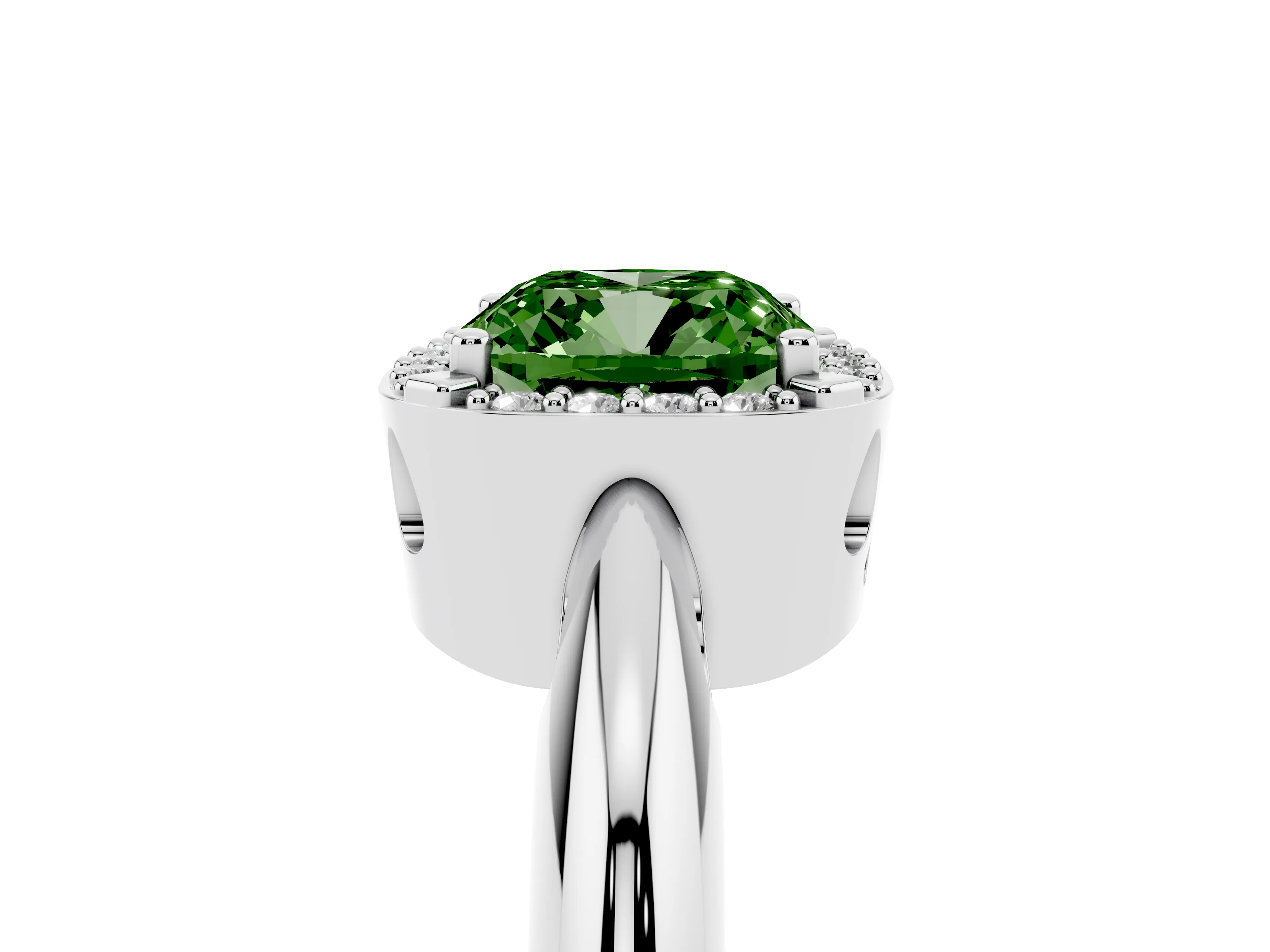 Fancy Green Cushion Cut Diamond Halo Engagement Ring Set in Silver with Plain Split Shank and Prong Setting