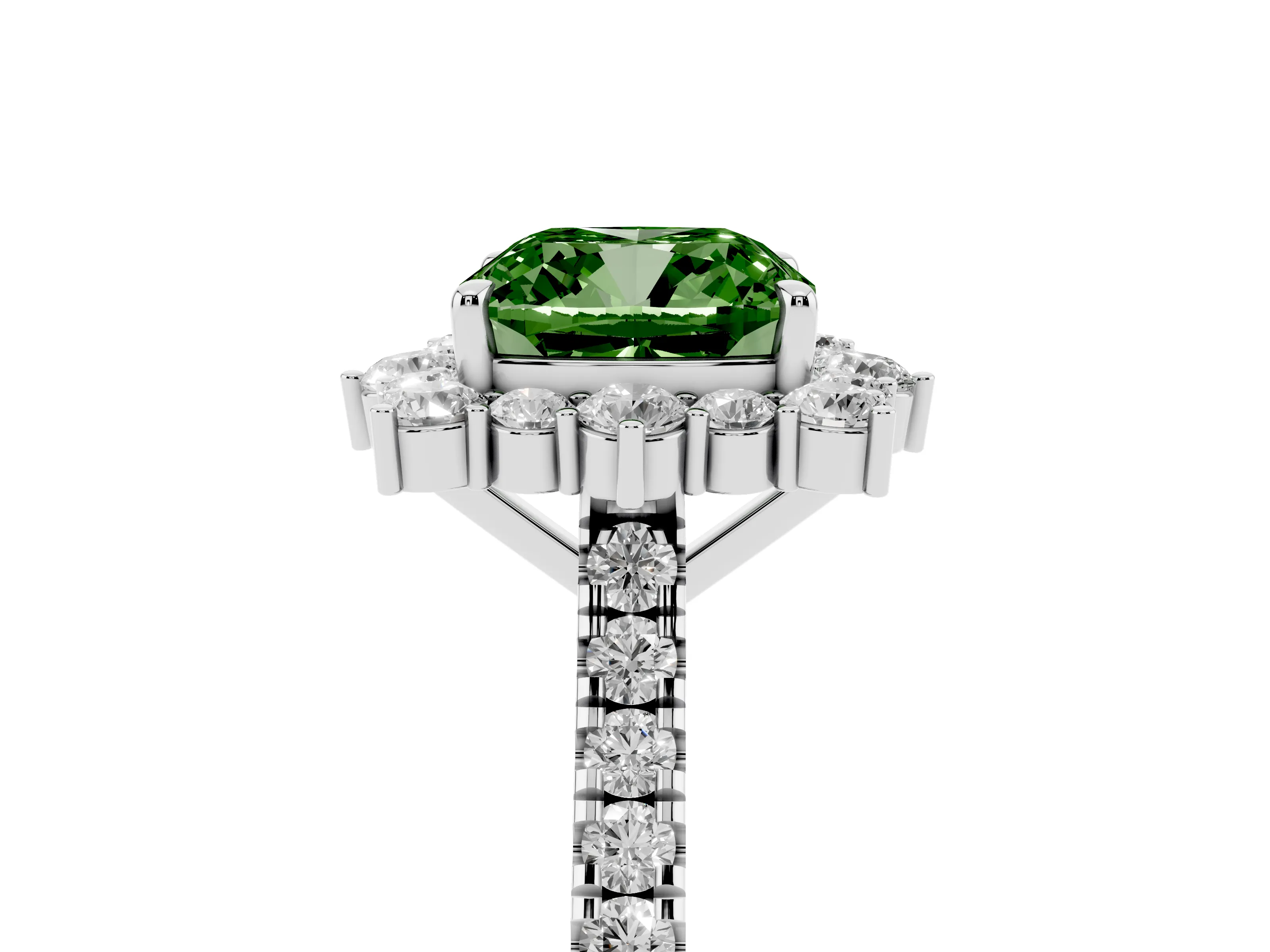 Fancy Green Cushion Cut Diamond Halo Ring Set in Silver with Pavé Band and Prong Setting