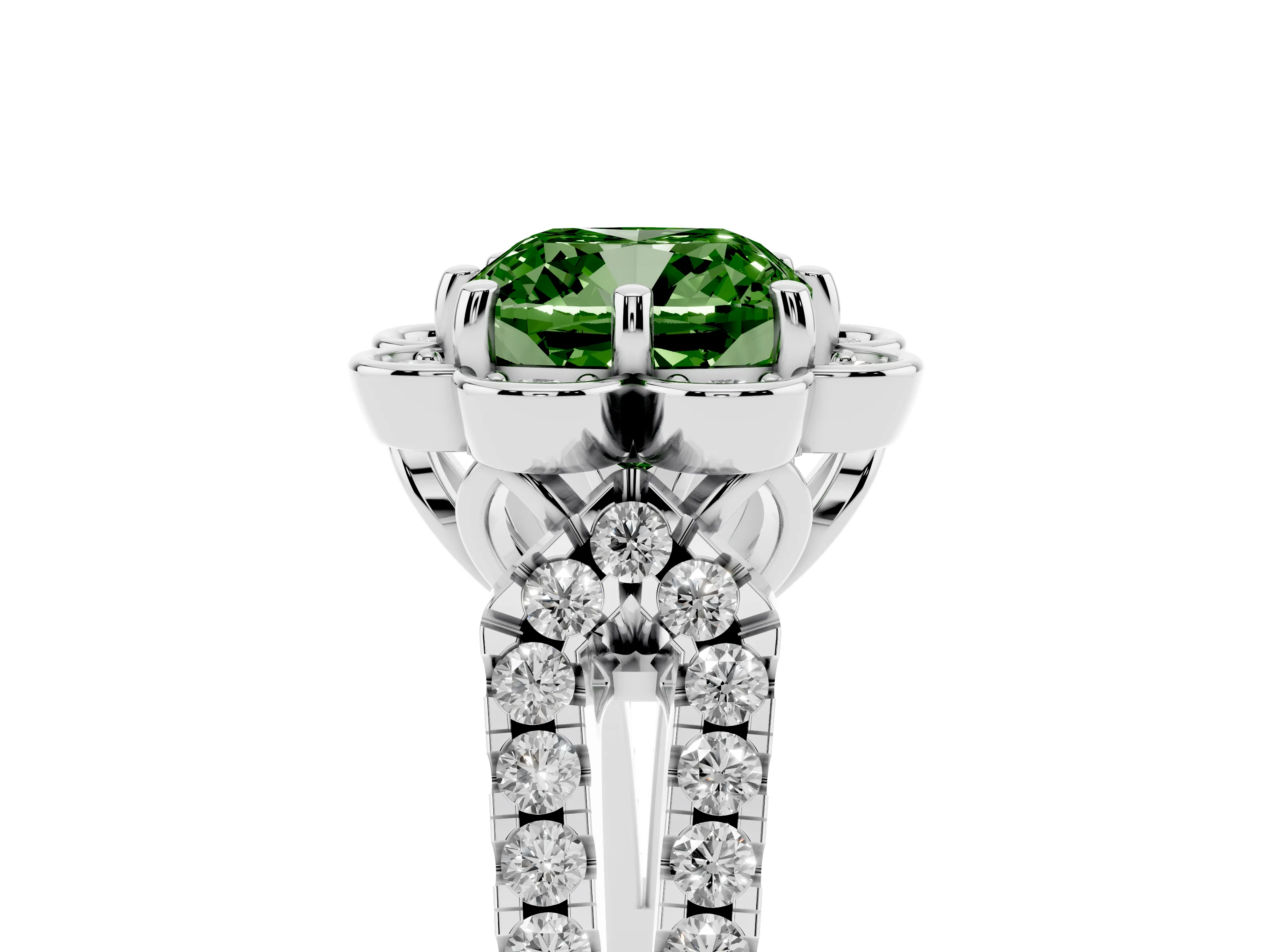 Fancy Green Cushion Cut Diamond Floral Halo Split Shank Engagement Ring Set in White gold with Pavé Shank