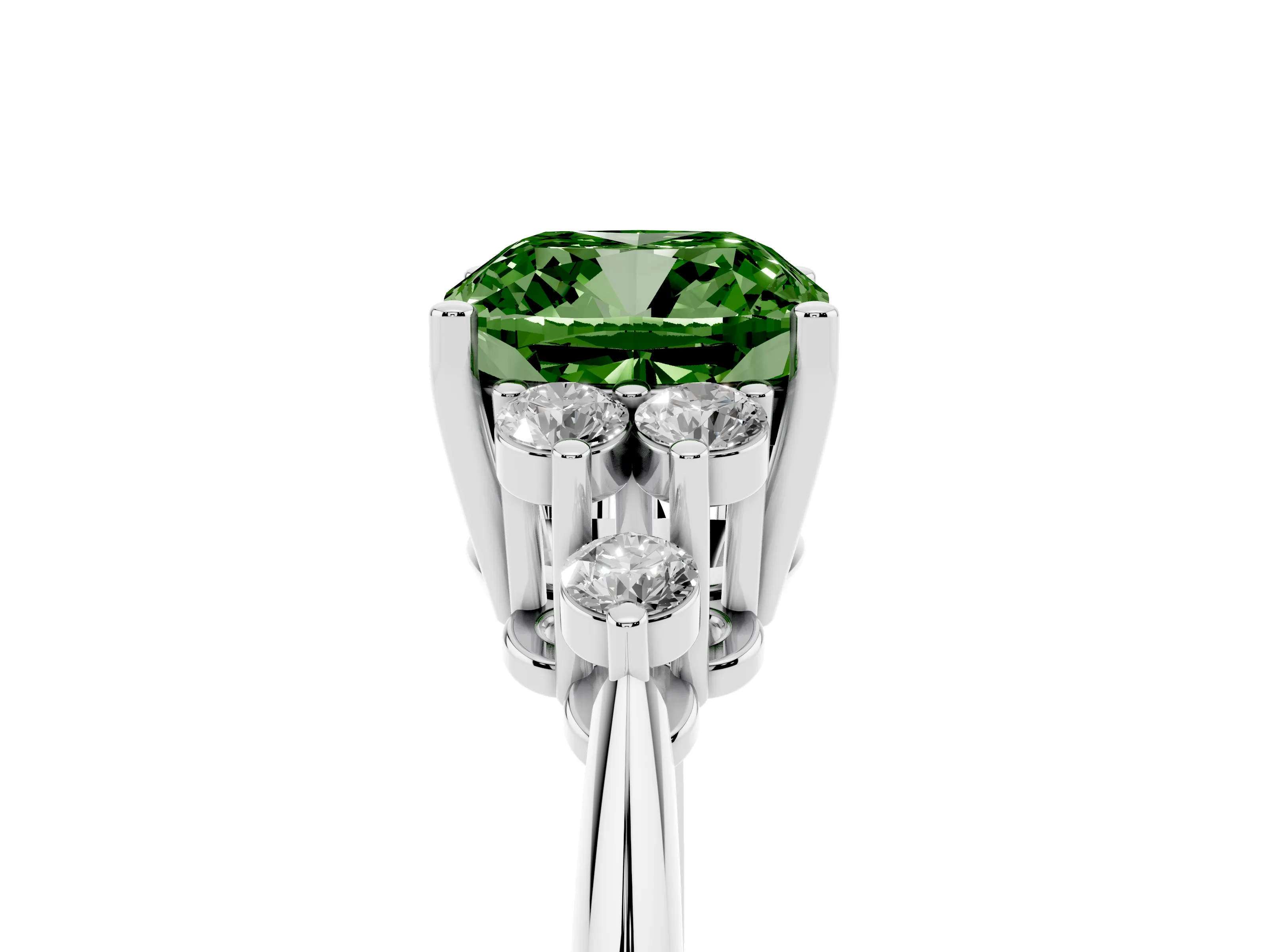 Fancy Green Cushion Cut Diamond Cluster Ring Set in White gold with Plain Band and Prong Setting