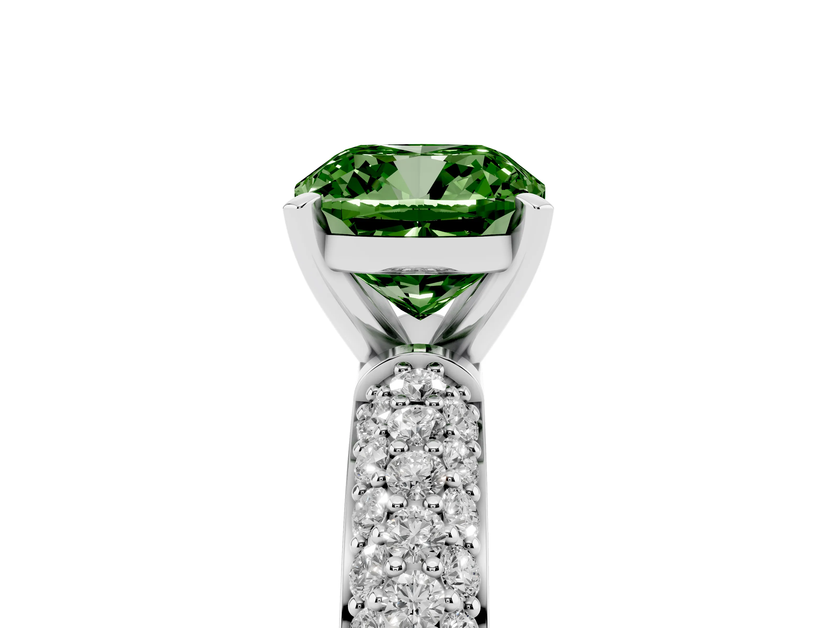 Fancy Green Cushion Cut Diamond Solitaire Ring Set in Silver with Prong Setting and Pavé-Set Band