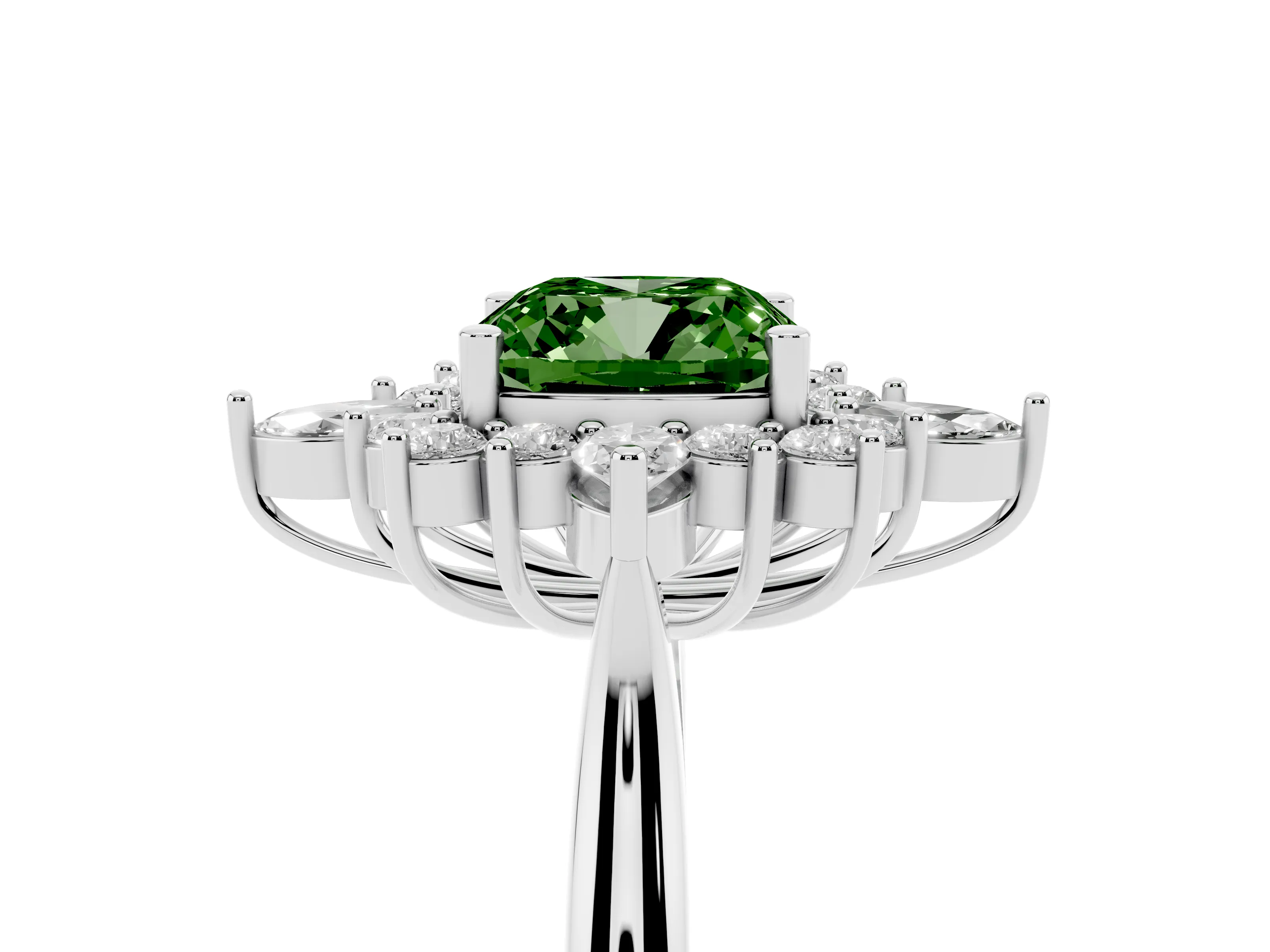 Fancy Green Cushion Cut Diamond Cluster Halo Ring Set in Platinum with Marquise and Round Accents