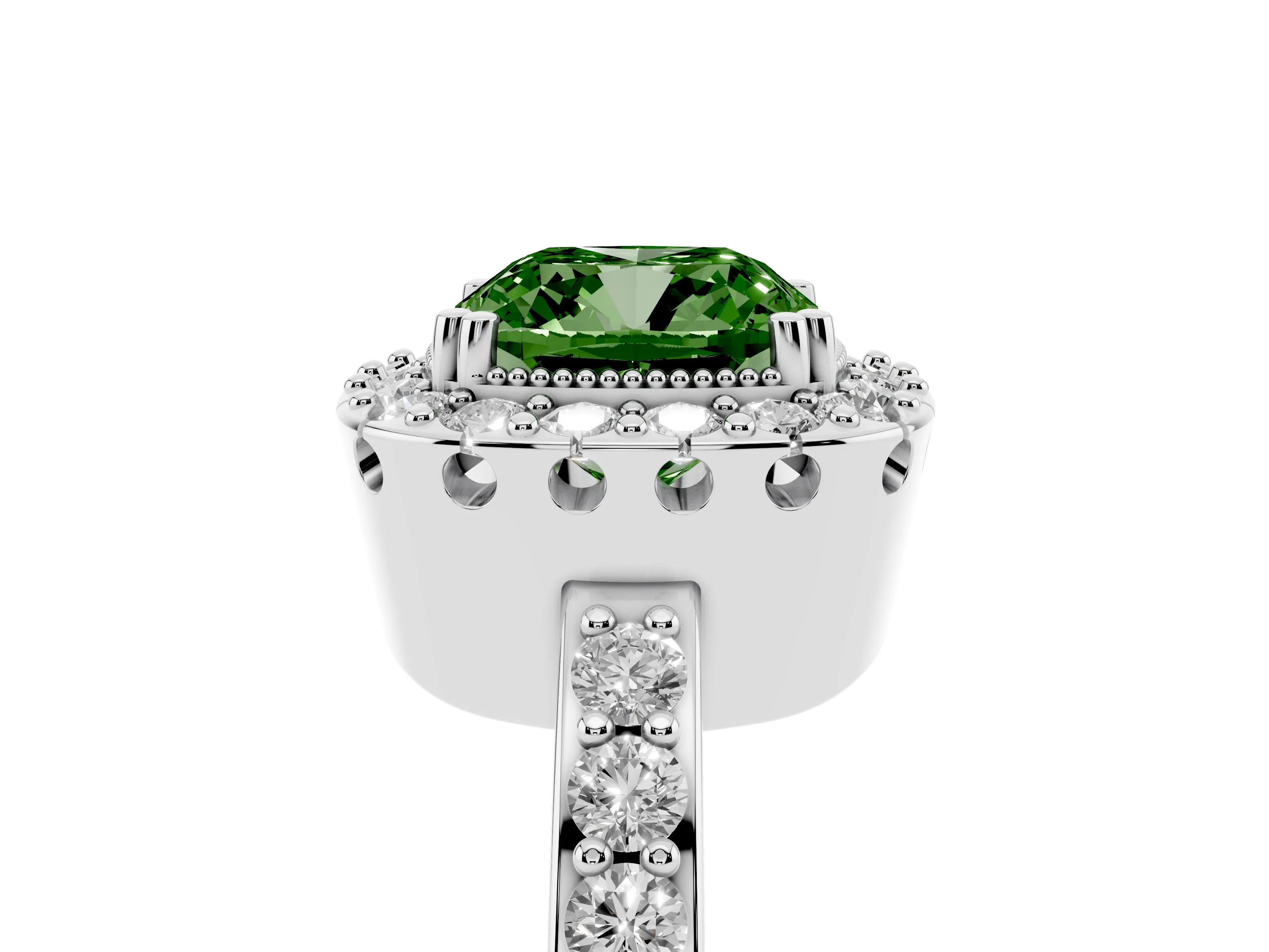 Fancy Green Cushion Cut Diamond Halo Ring Set in White gold with Pavé Shank and Prong Setting
