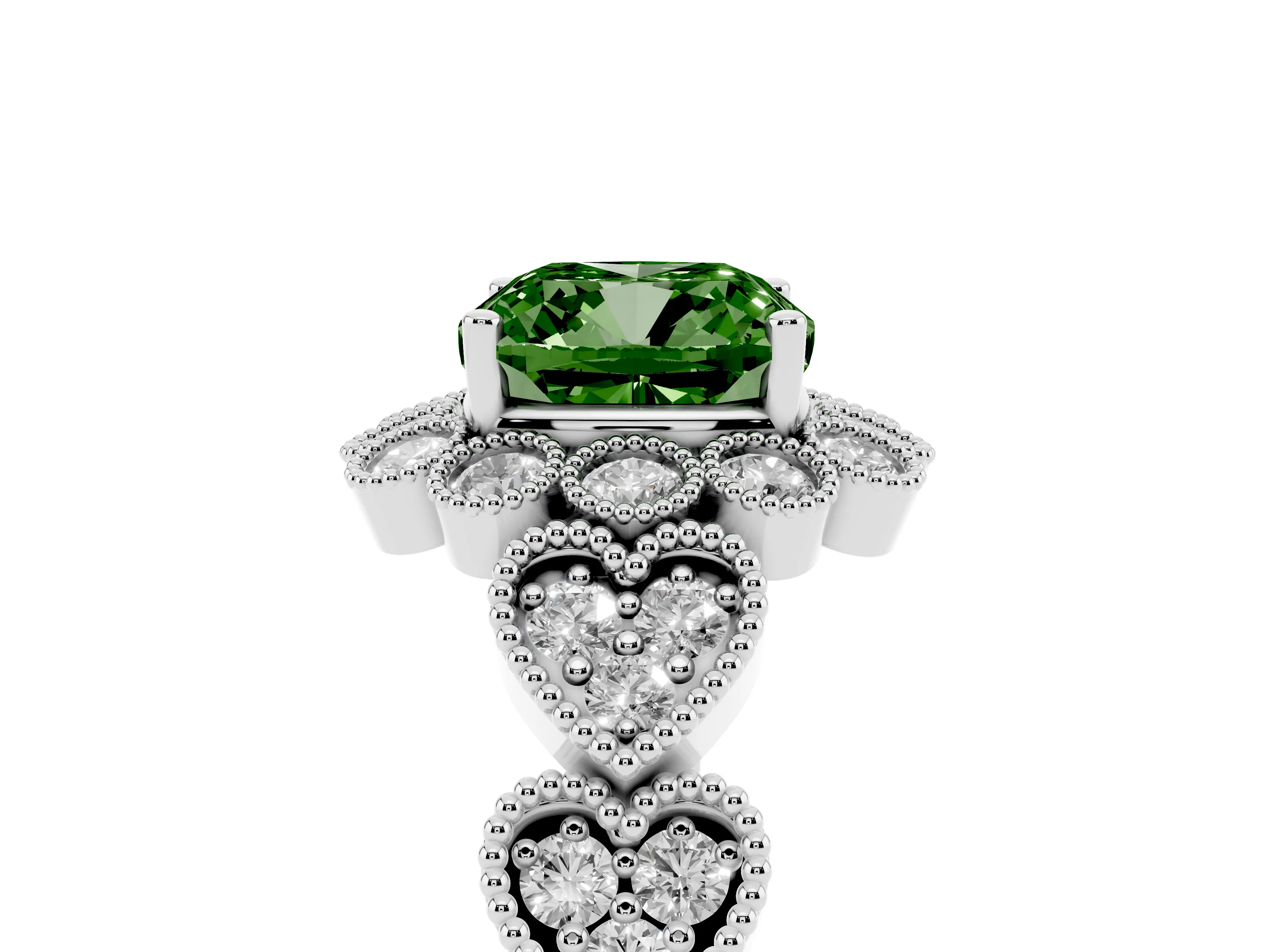Fancy Green Cushion Cut Diamond Solitaire Ring Set in White gold with Milgrain Pavé Heart Band