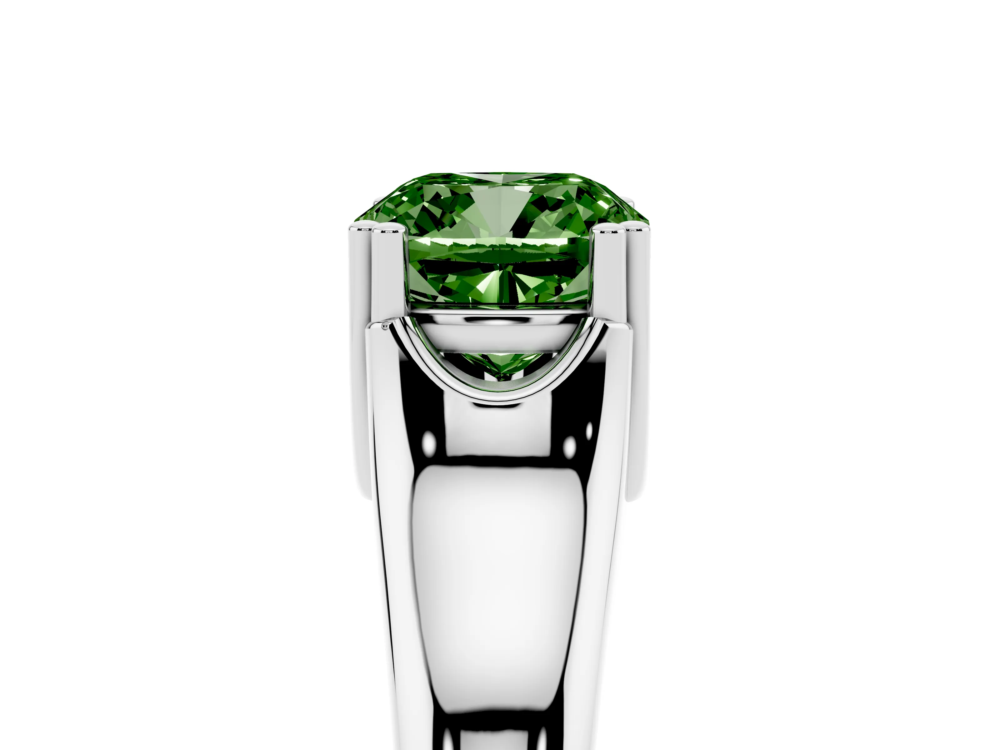 Fancy Green Cushion Cut Diamond Solitaire Ring Set in Silver with Wide Band and Prong Setting