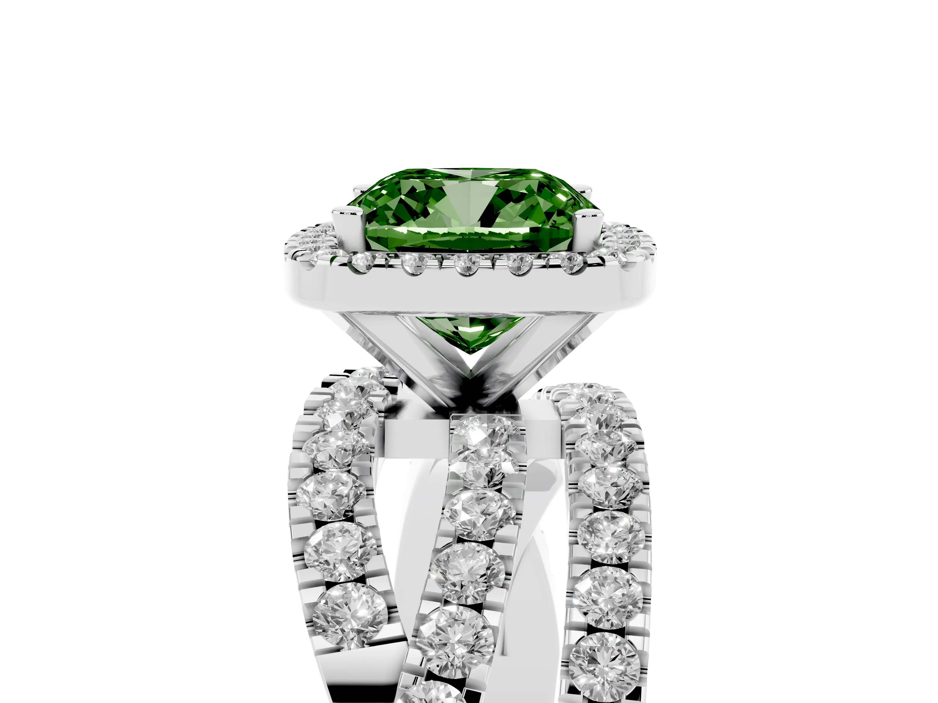 Fancy Green Cushion Cut Diamond Halo Ring Set in White gold with Round Crossover Split Shank and Prong Setting