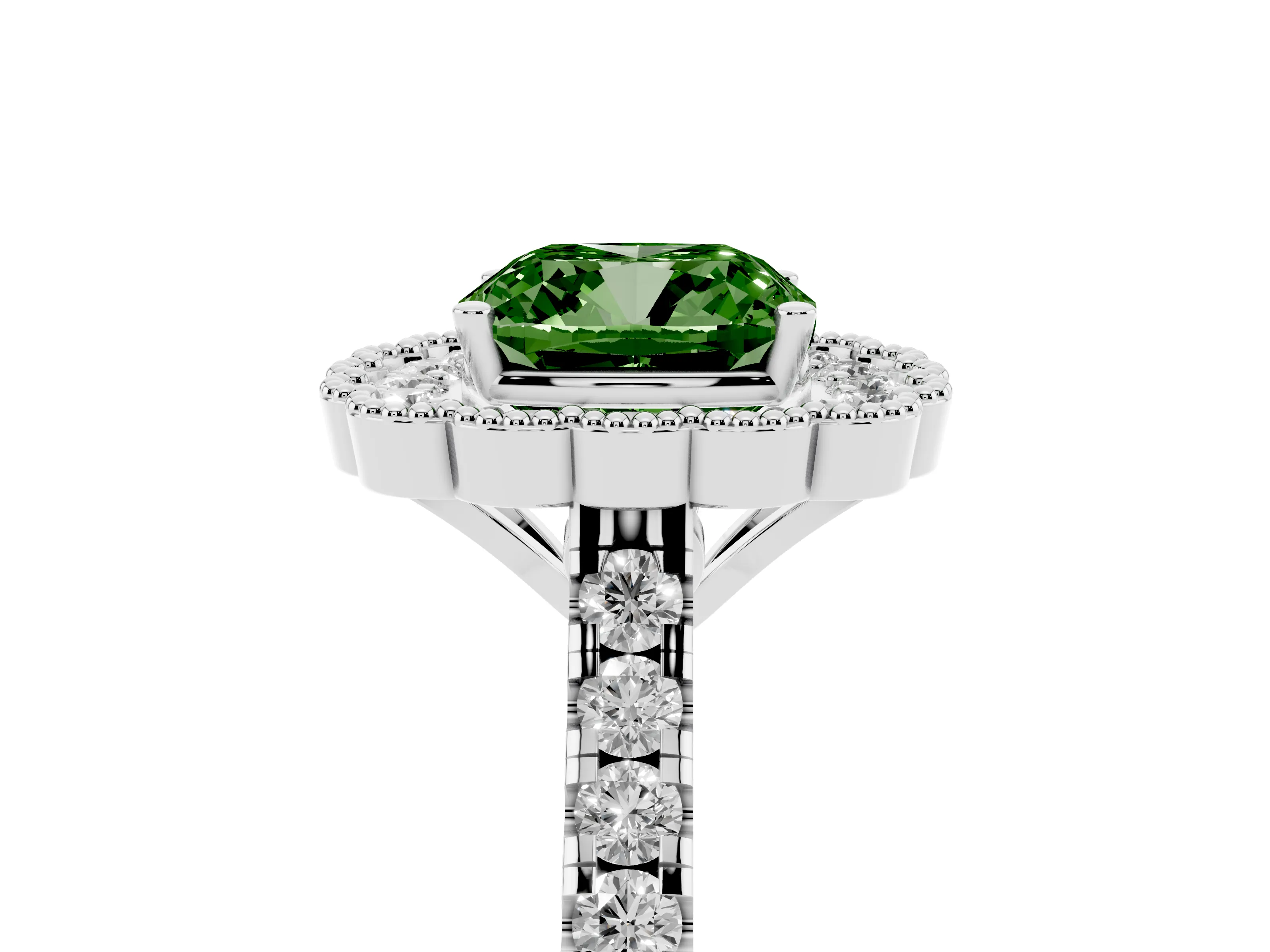 Fancy Green Cushion Cut Diamond Milgrain Floral Halo Engagement Ring Set in White gold with Pavé Band