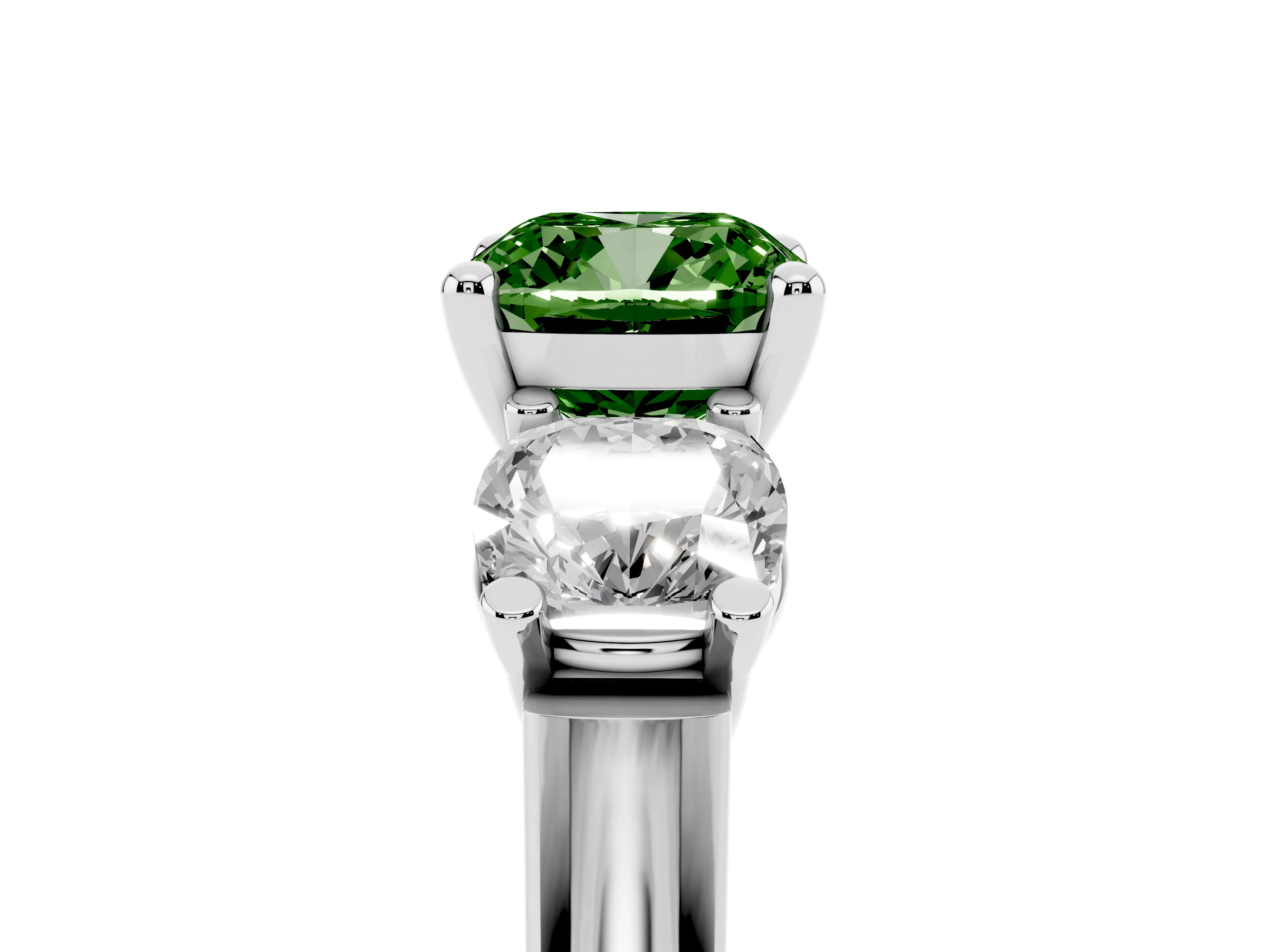 Fancy Green Cushion Cut Diamond Three-Stone Trellis Ring Set in Platinum with Comfort Fit Band
