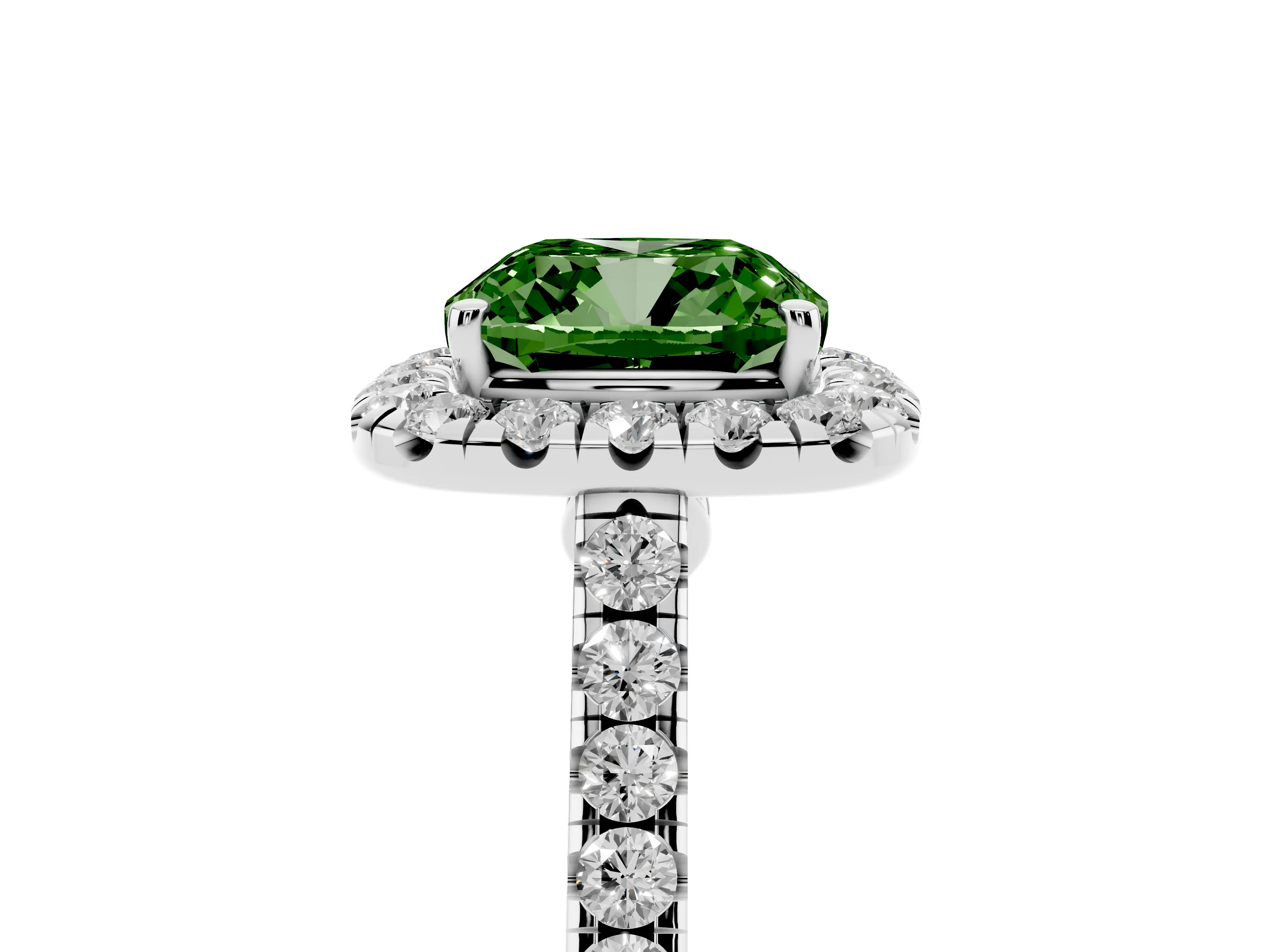 Fancy Green Cushion Cut Diamond Halo Pavé Engagement Ring Set in White gold with Prong Setting