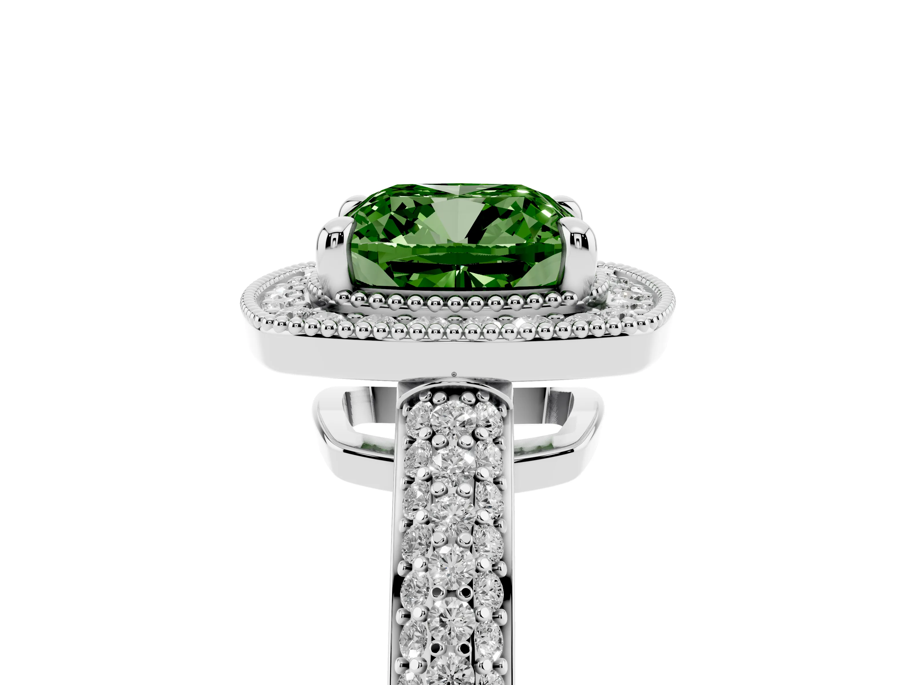 Fancy Green Cushion Cut Diamond Halo Pavé Band Set in Platinum with Prong Setting