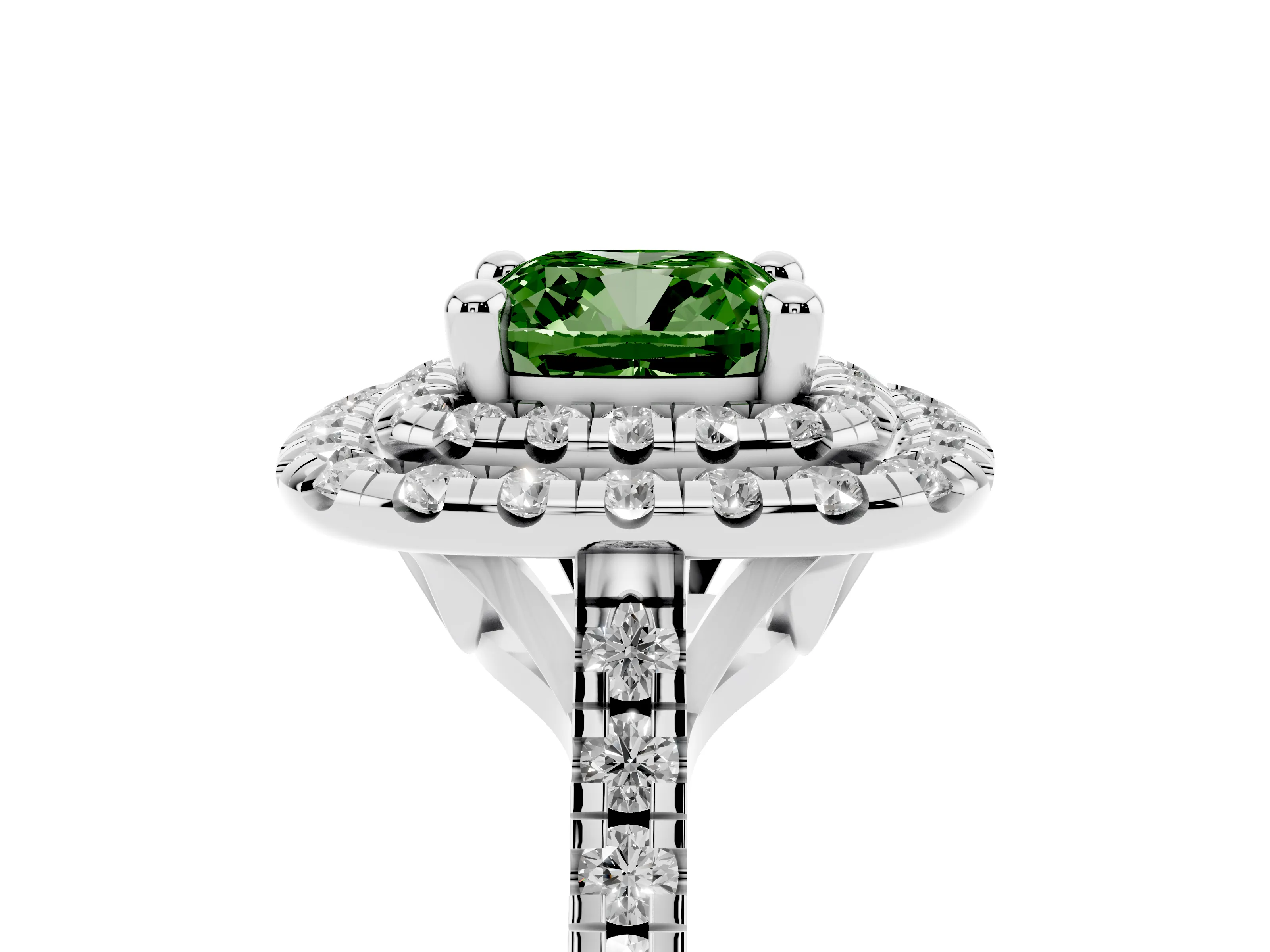 Fancy Green Cushion Cut Diamond Double Halo Statement Ring Set in White gold with Pavé Band
