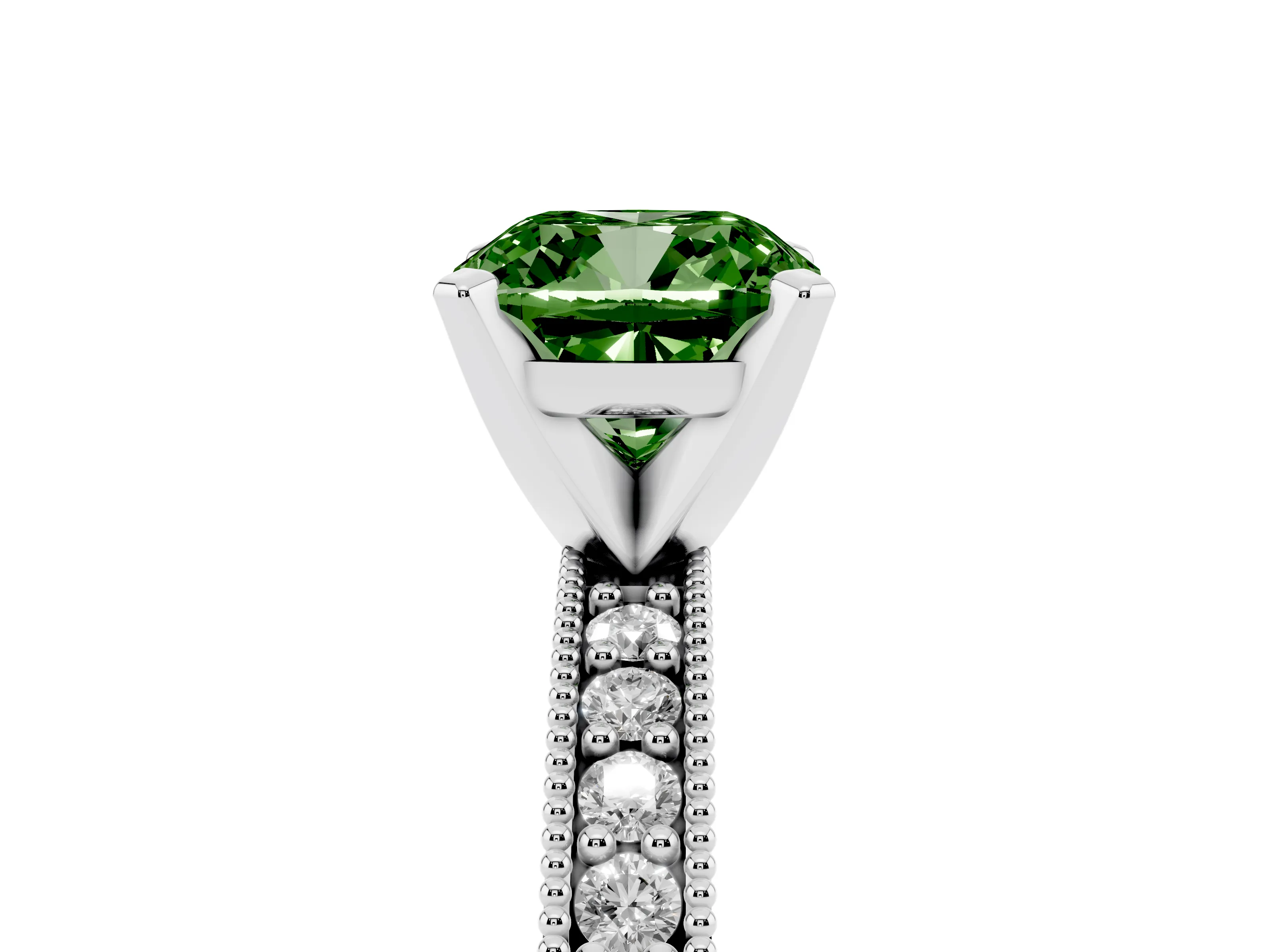 Fancy Green Cushion Cut Diamond Milgrain Pavé Engagement Ring Set in White gold with Prong Setting