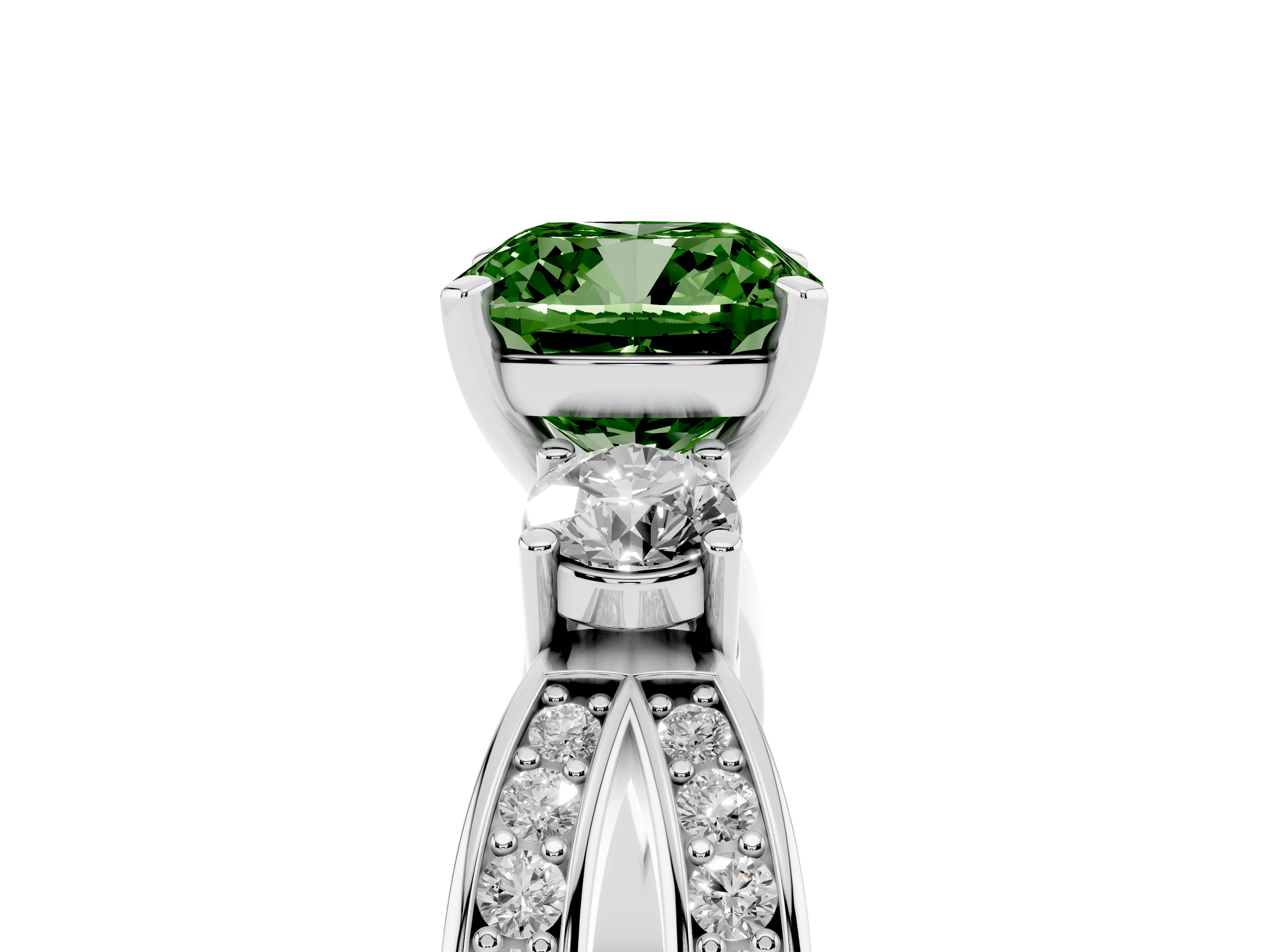 Fancy Green Three-Stone Cushion Cut Diamond Twist Band Ring Set in Silver with Pavé Accents and Prong Setting