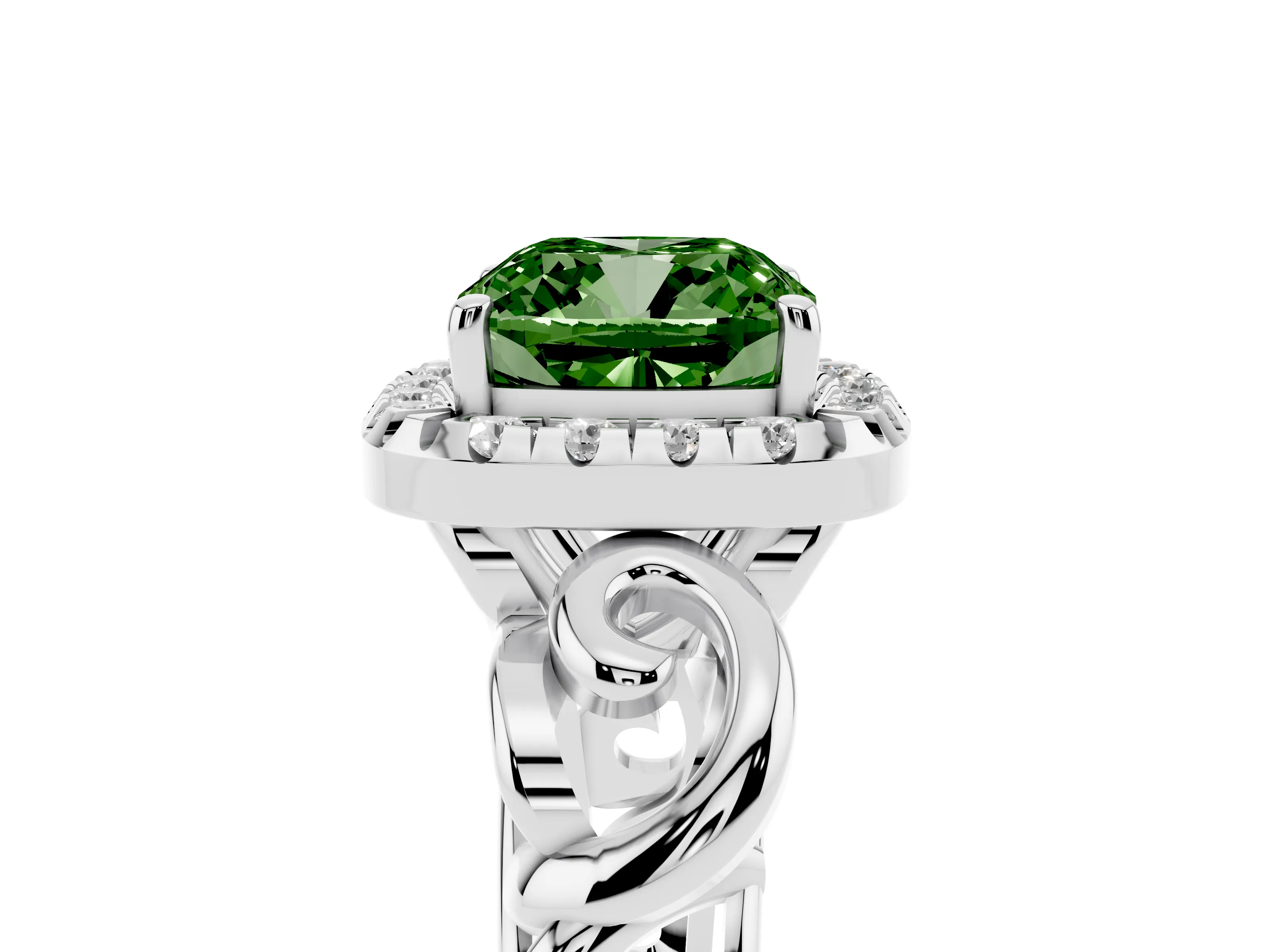 Fancy Green Cushion Cut Diamond Halo Ring Set in Platinum with Scrollwork Band and Prong Setting