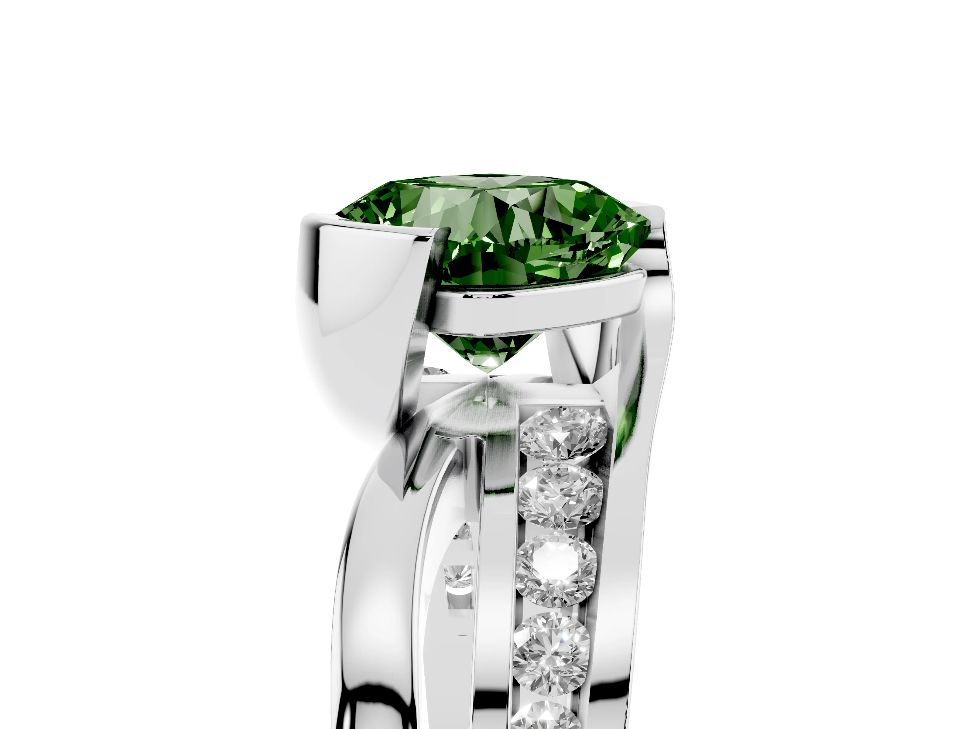 Fancy Green Cushion Cut Diamond Solitaire Ring Set in White gold with Channel Set Split Shank and Tension Prongs