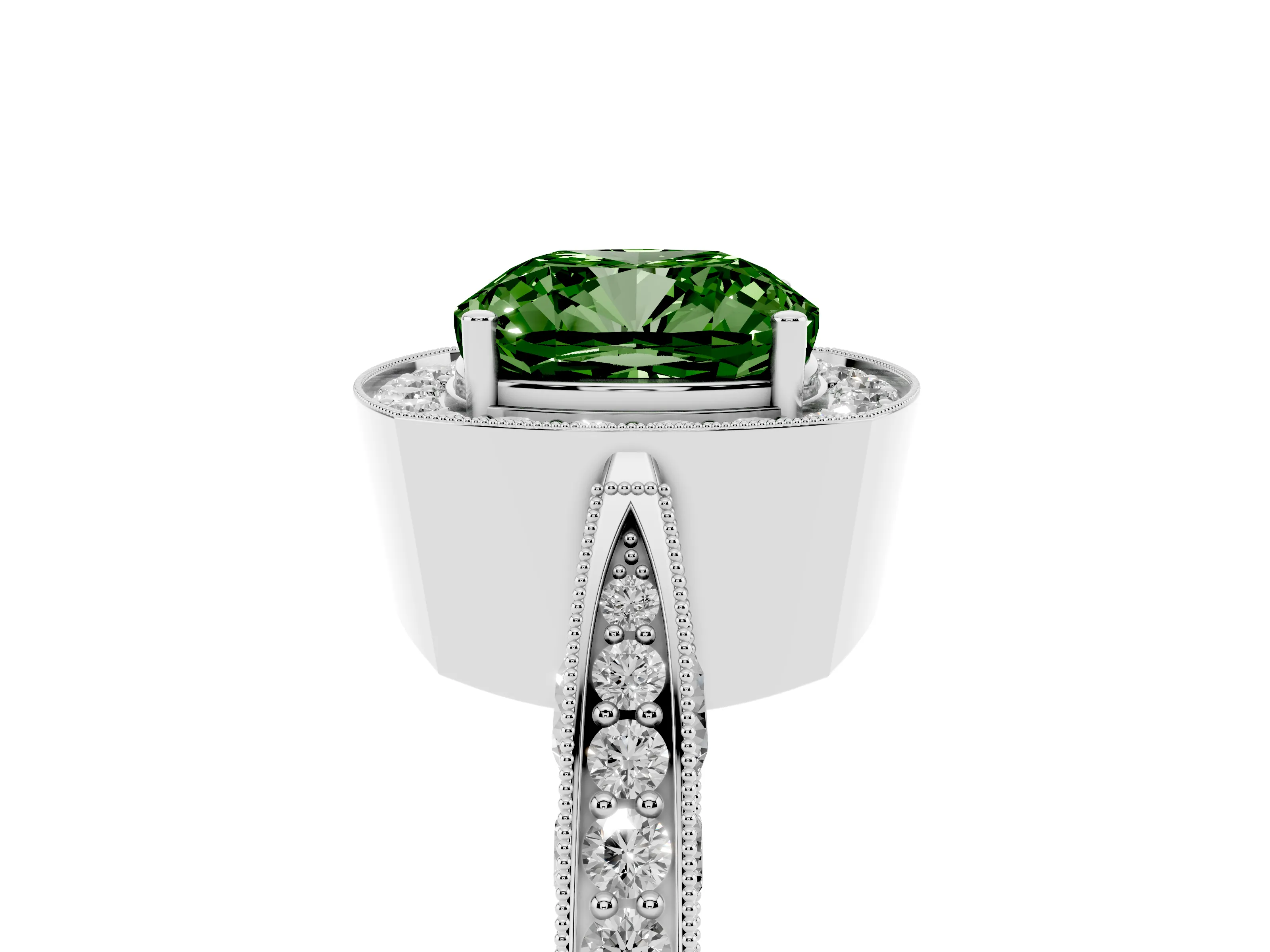 Fancy Green Cushion Cut Diamond Halo Engagement Ring Set in Platinum with Accent Split Shank Band