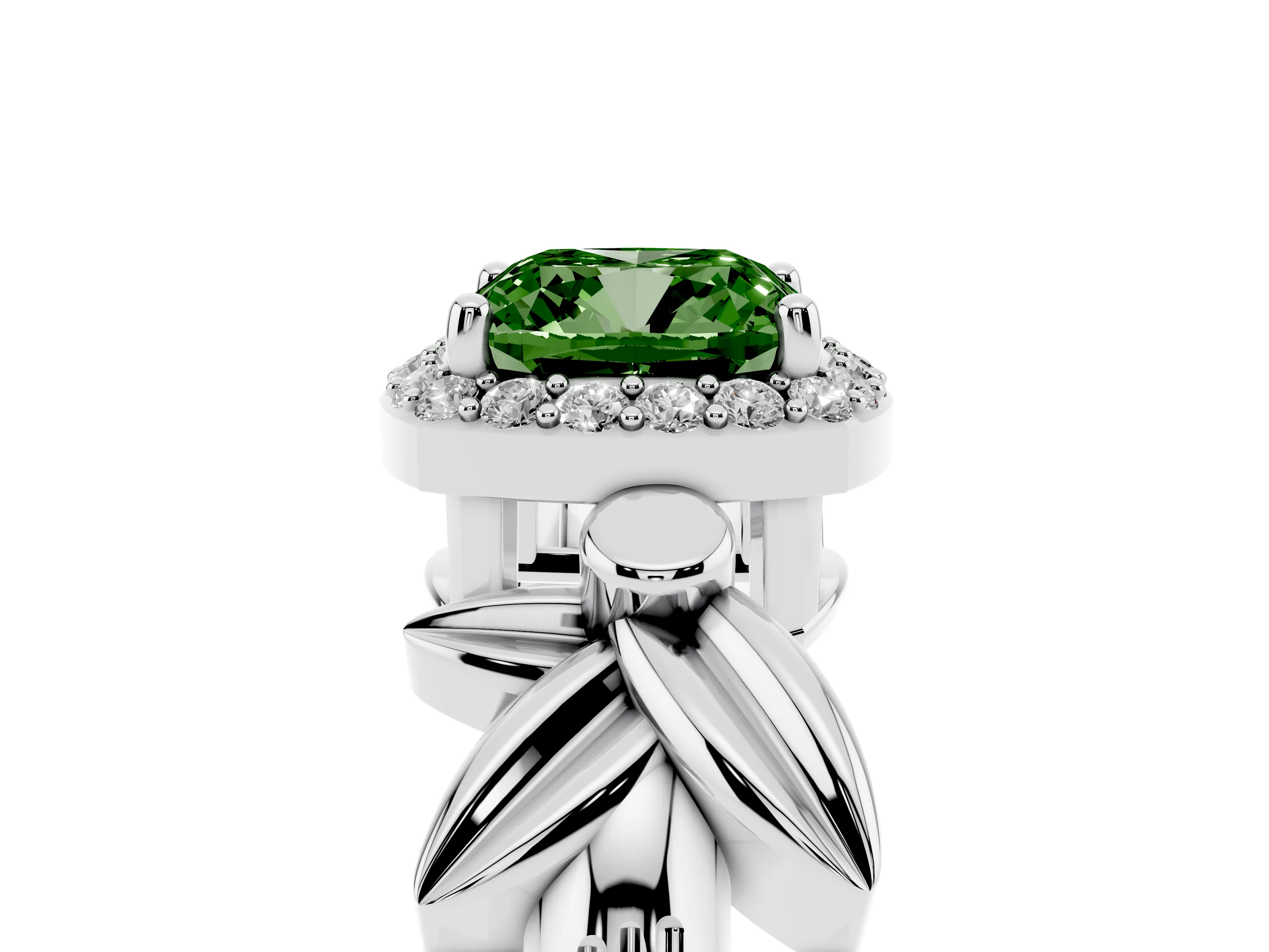 Fancy Green Cushion Cut Diamond Halo Floral Band Ring Set in Platinum with Prong Setting
