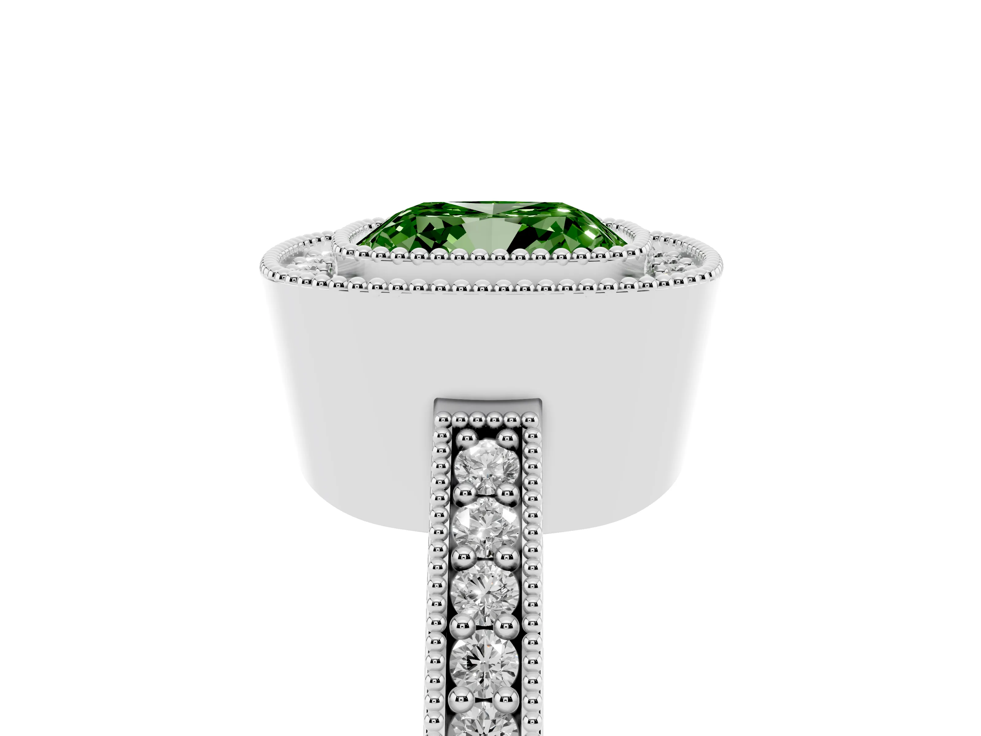 Fancy Green Cushion Cut Diamond Halo Engagement Ring Set in White gold with Pavé Band and Round Halo Stones