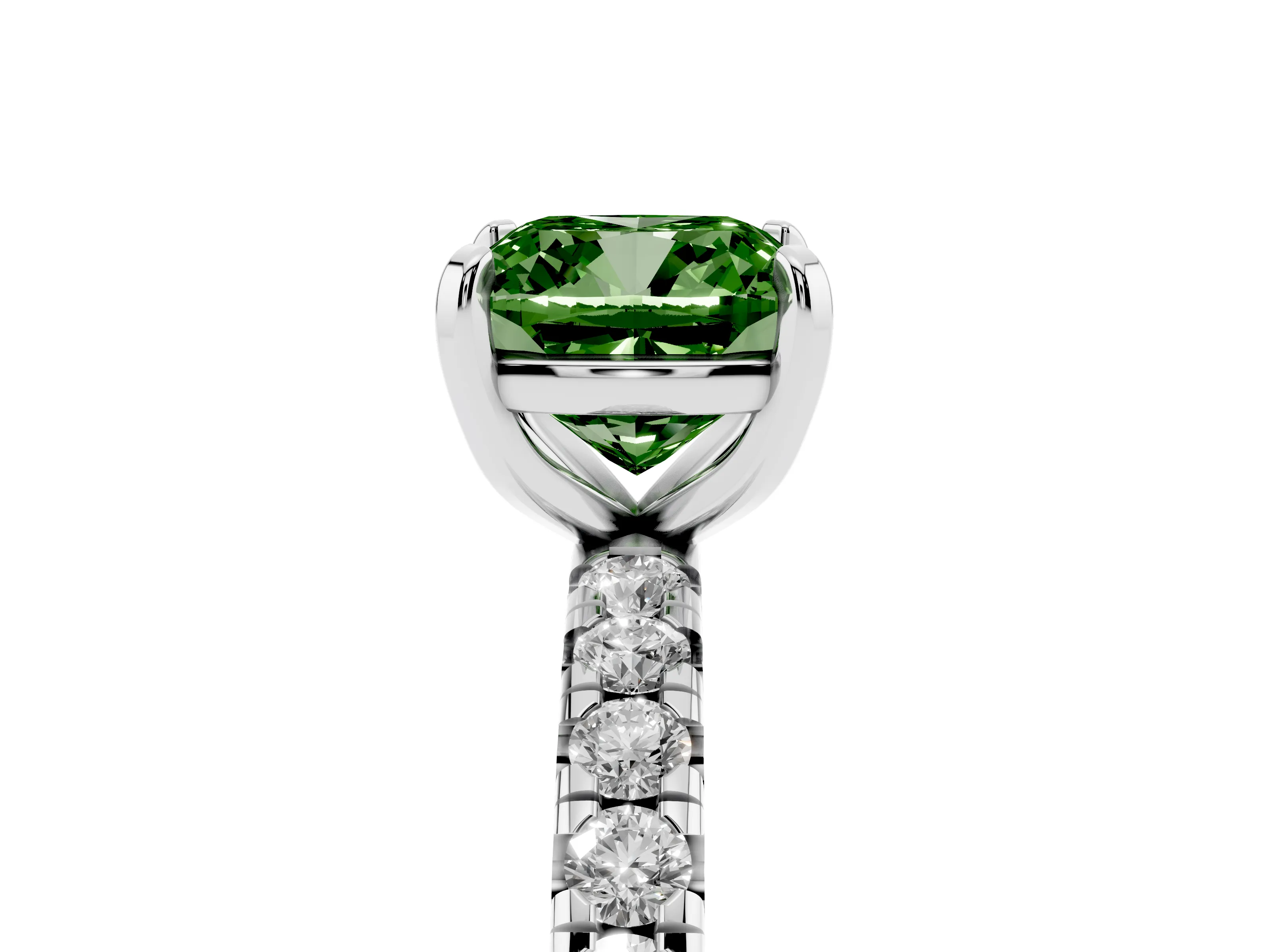Fancy Green Cushion Cut Diamond Pavé Solitaire Ring Set in White gold with Round Band and Prong Setting